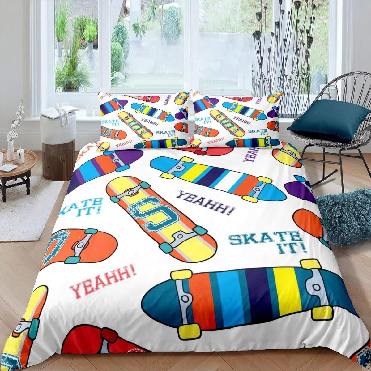 NDXRWDZR Double Duvet Cover Set Skateboard Duvet Cover with Zipper Closure Bedding for Aldults Kids Soft Hypoallergenic Microfiber Quilt Cover 200x200 cm + 2 Pillowcases 50x75 cm
