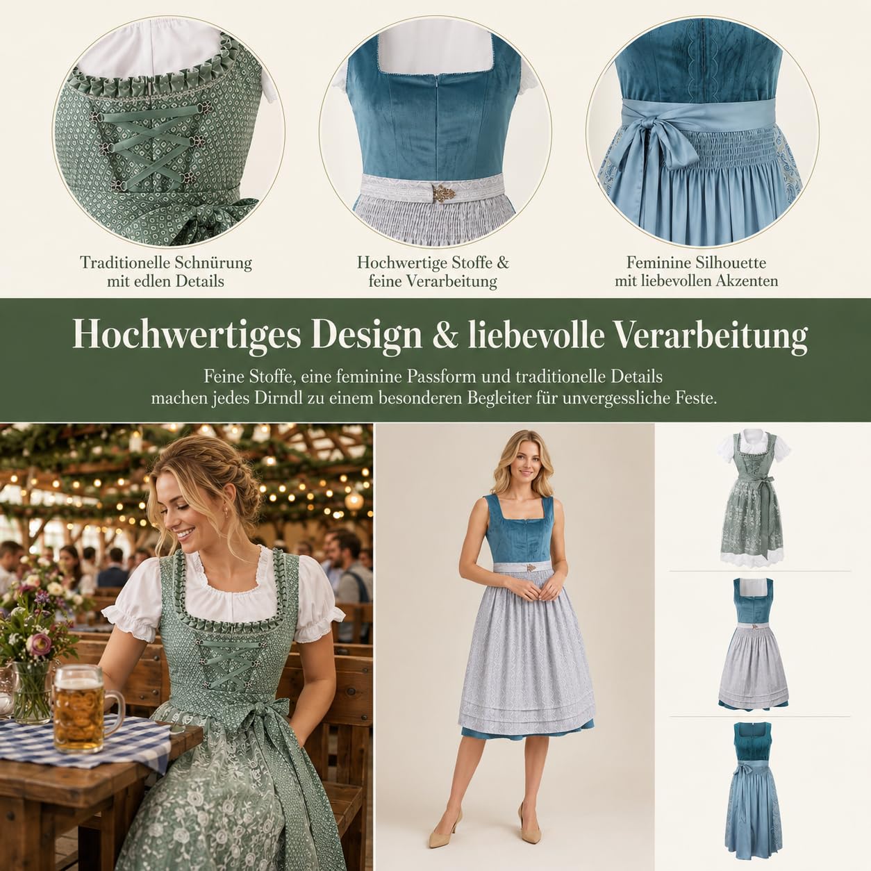 Dirndl Damen Oktoberfest Dirndlkleid mit Schürze und Spitzenbluse, Midi Trachtenkleid aus Samt, Elegantes Wiesn Outfit, Moderne Trachtenmode für Volksfest, Kostüm Große Größen