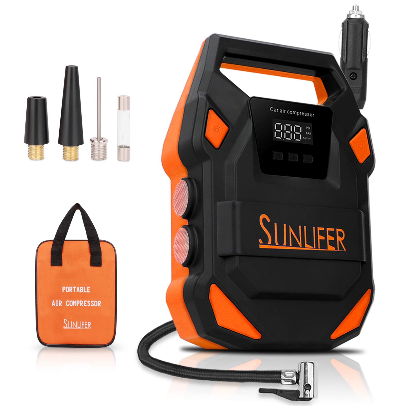 Auto Tire Pump, 12V Car tire inflator, 150 PSI Portable Air Compressor with Bright Flashlight,LED Display and Carry Handle for Car, Bike and Other Inflatable