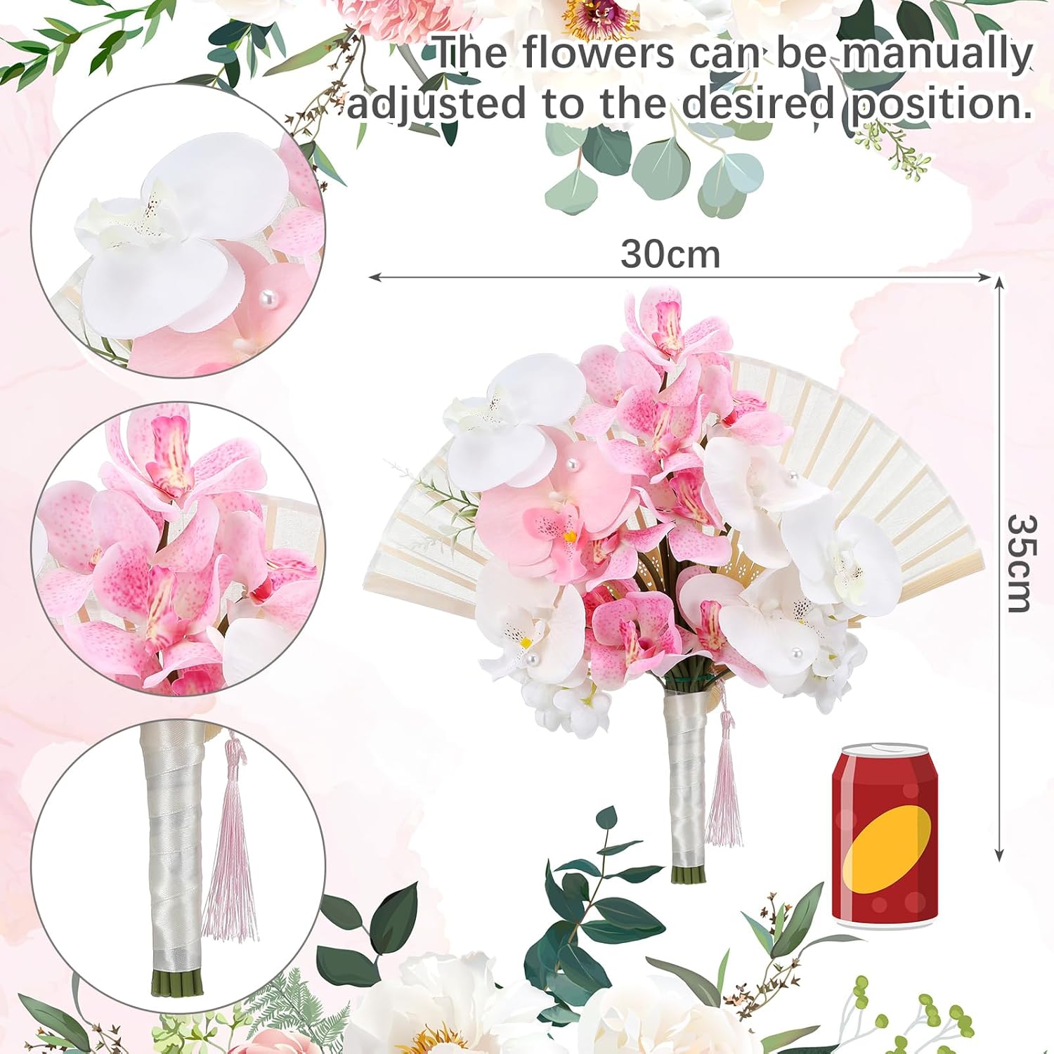 Wedding Bouquets for Bride Bridesmaid 12 Inch Pink White Flower Bridal Bouquets Artificial Phalaenopsis Orchid Fan Ramos De Novia para Boda for Wedding Ceremony Church Decor