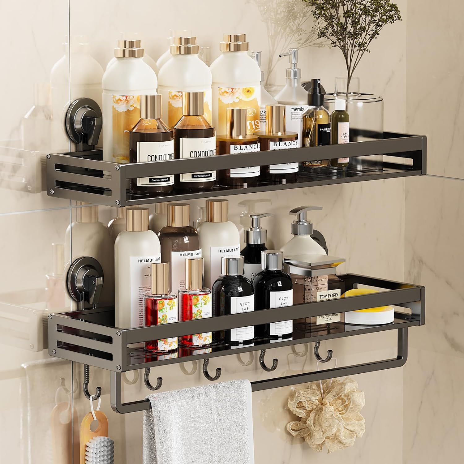 CIBOTIES Shower Caddy Suction Cup 11 8 inch 2 Pack Suction Shower Shelf with Hooks NO-Drilling Bathroom Holder