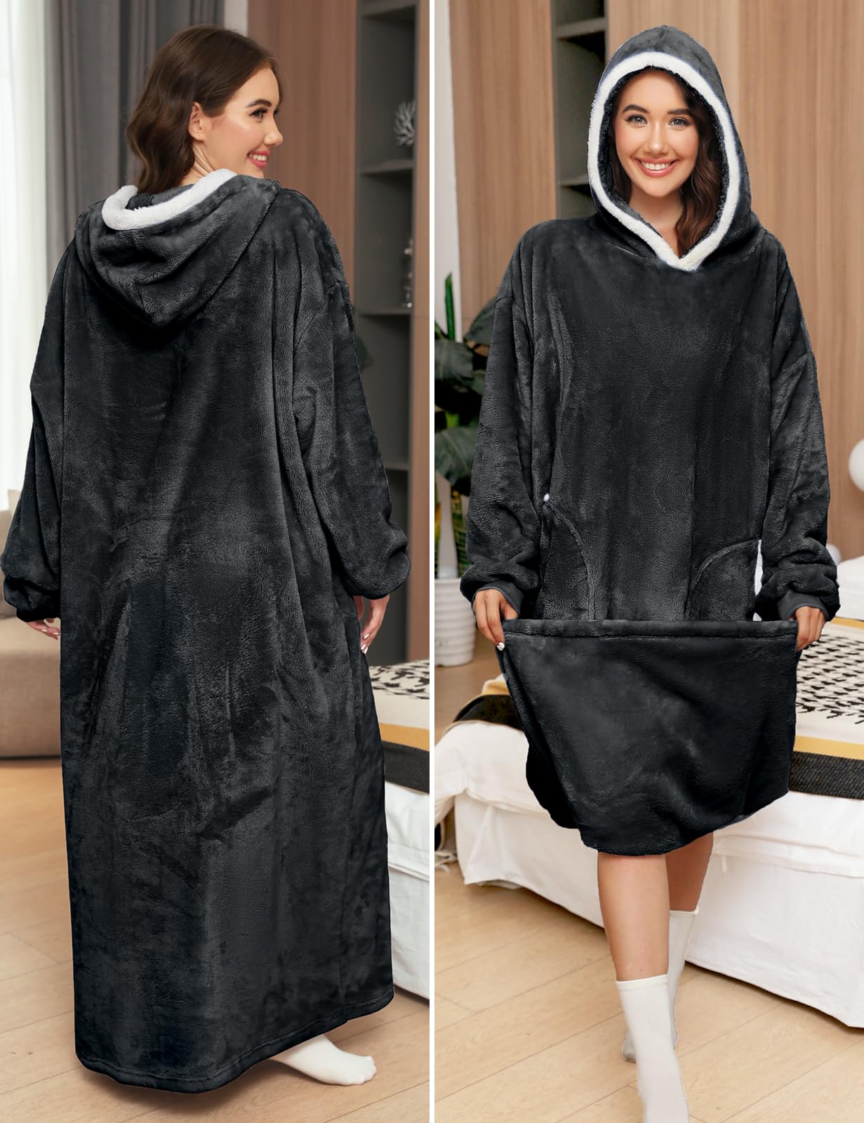 Tuopuda Felpe Donna Uomo con Cappuccio Hoodie Pullover Lunga Felpa con Coperta Sherpa Giacca Oversize Kimono Cardigan Autunno Invernali Fleece Jumper con Tasche Zip Sweatshirt Cappotto