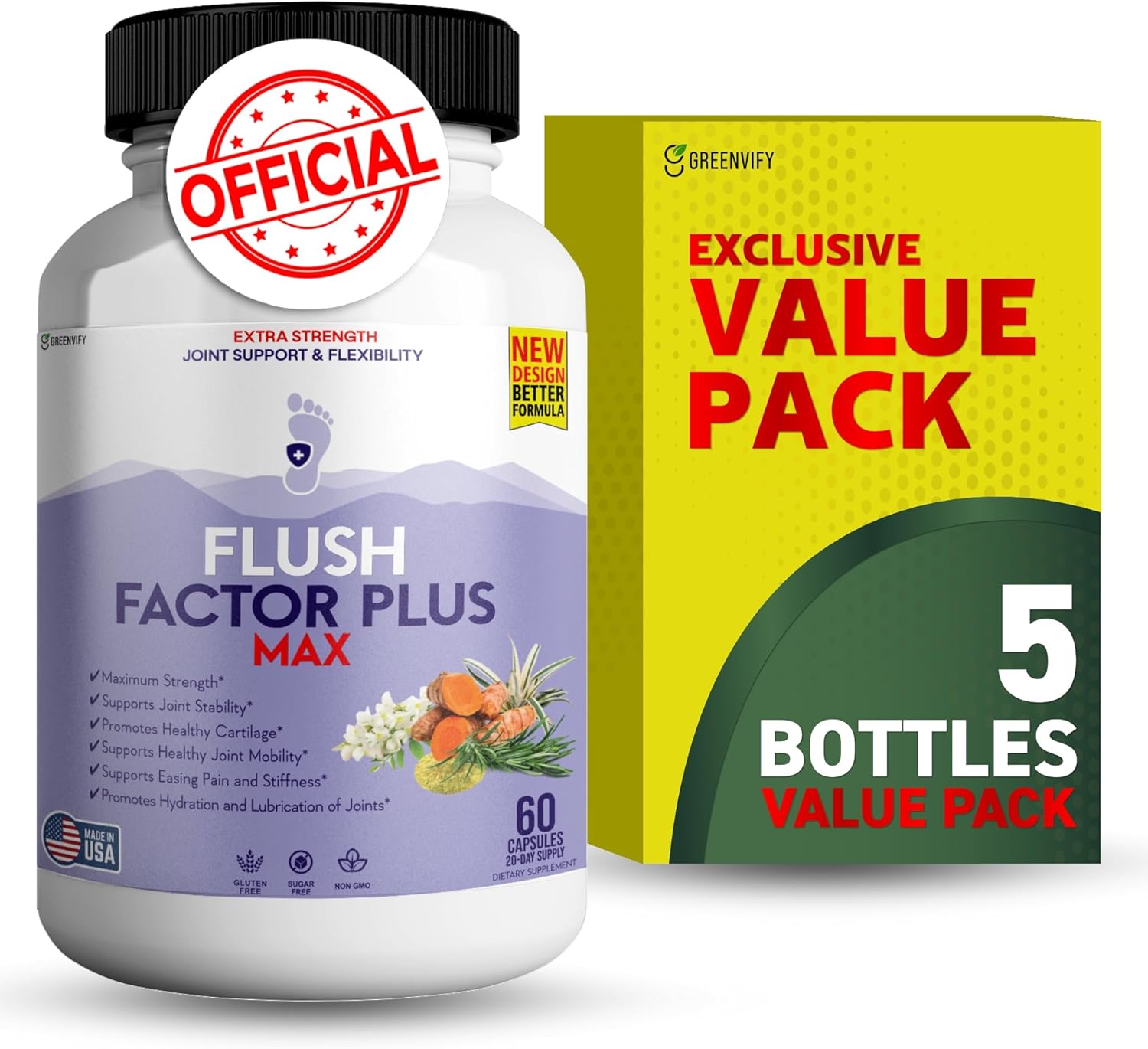 Flush Factor Plus Max Natural Essences Natural Joint Support Supplement, 60 Capsules 20 Days Supply, Gluten Free, Sugar Free, Non-GMO, Made in USA (1)