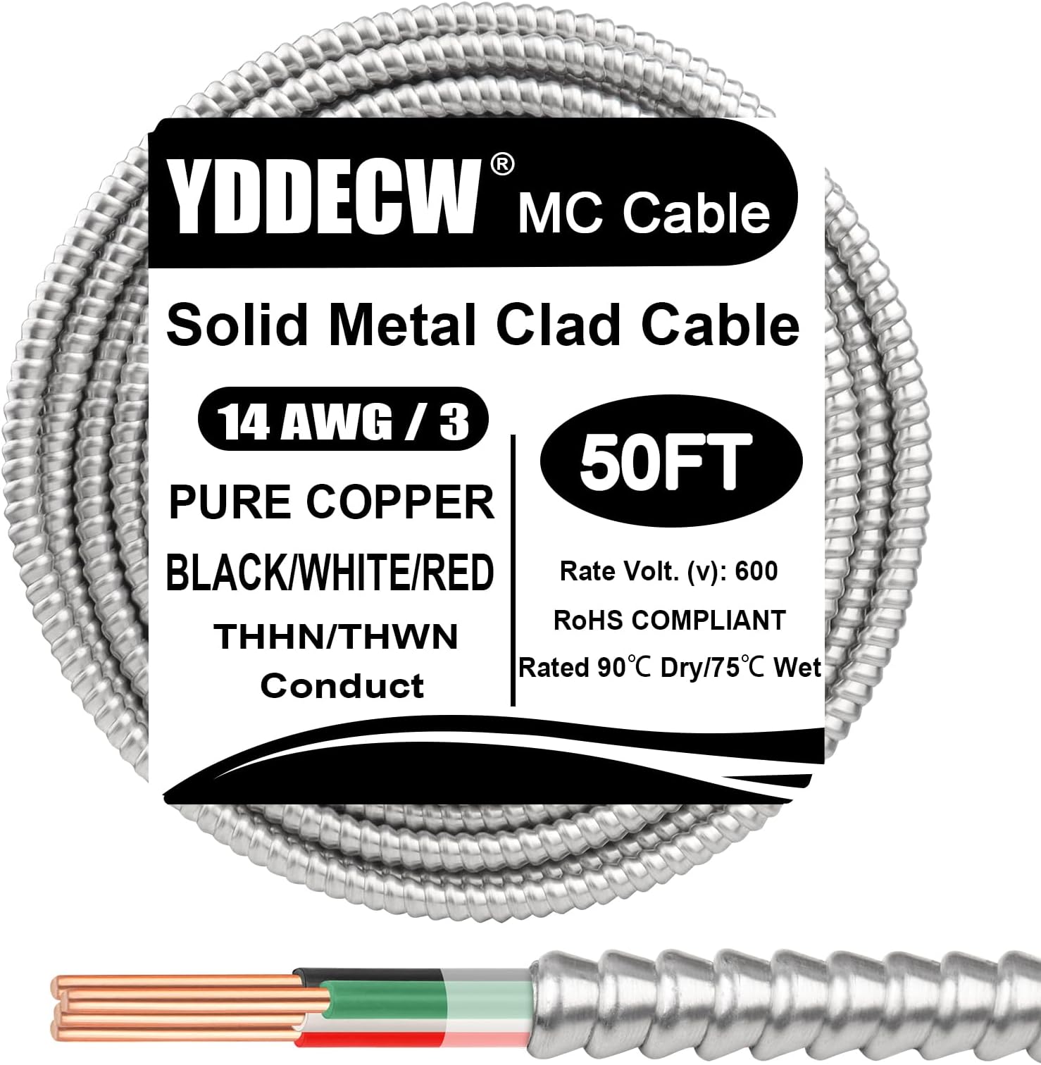 50ft 14/3 Metal Clad (MC) Cable with Ground, 10 Gauge Electric Wire with Aluminum Armor, Solid Bare Copper Conductors for Indoor Outdoor Underground Embedded Installation (14/3, 50 ft)