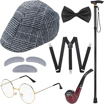 100 Days of School Costume, Old Man Costume Grandpa Accessories with Gray Newsboy Hat, Glasses, Cane, Bow Tie, Suspender for 1920s Men Gatsby Costumes, Halloween Dress up