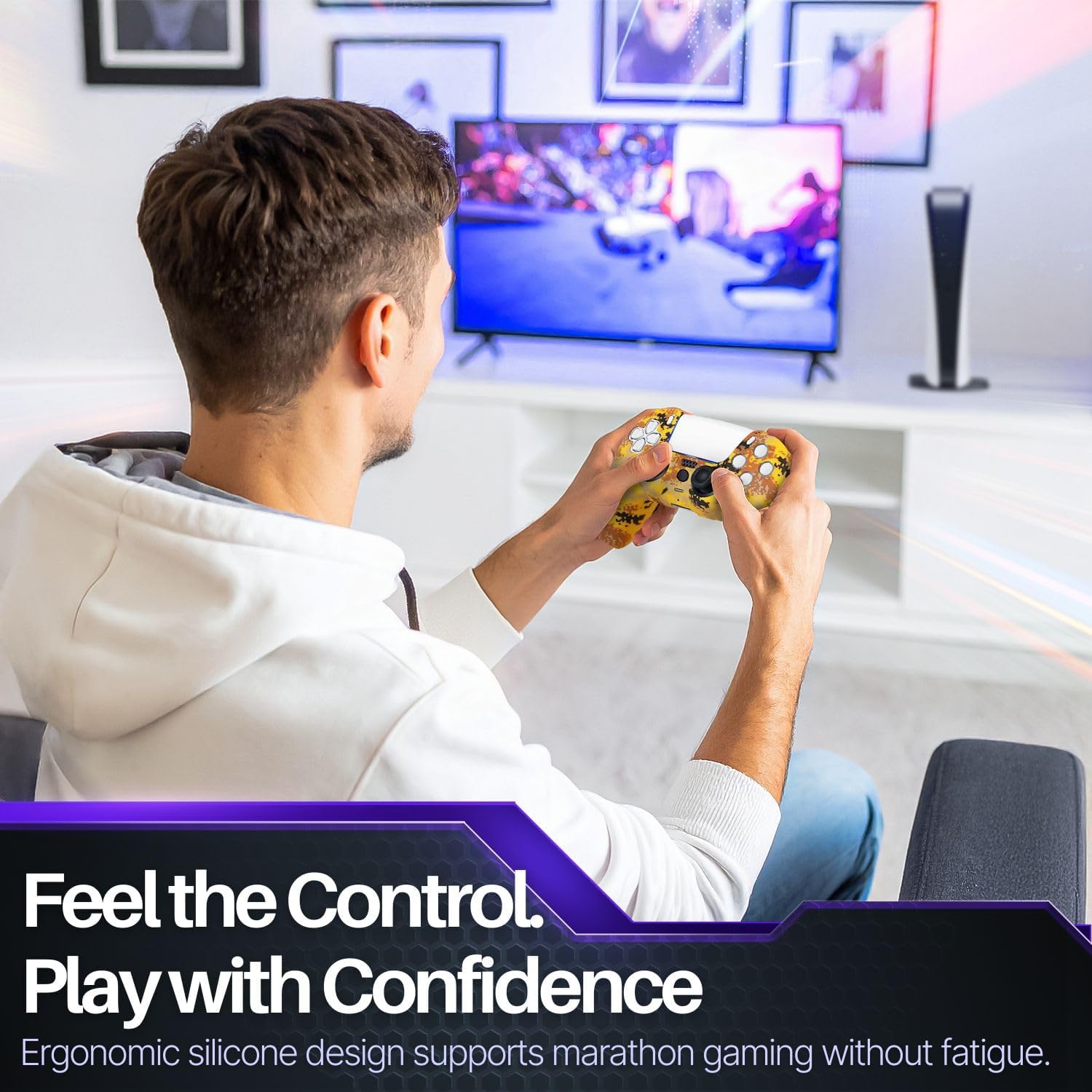 TNP Controller Case for PS5 Silicone Controller Skin for Dualsense Cover + 8 Pro Thumb Grips Set Sony PlayStation 5 Skins Accessories Camo Yellow with Ergonomic Textured Grip - Image 7