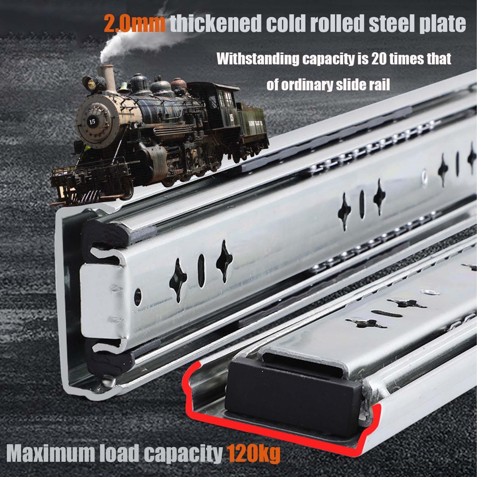Guías para cajones de alta resistencia, El cajón ancho de 53 mm desliza el soporte lateral del rodamiento de bolas de extensión completa 120 kg 250-1500 mm(Without Lock,250mm)