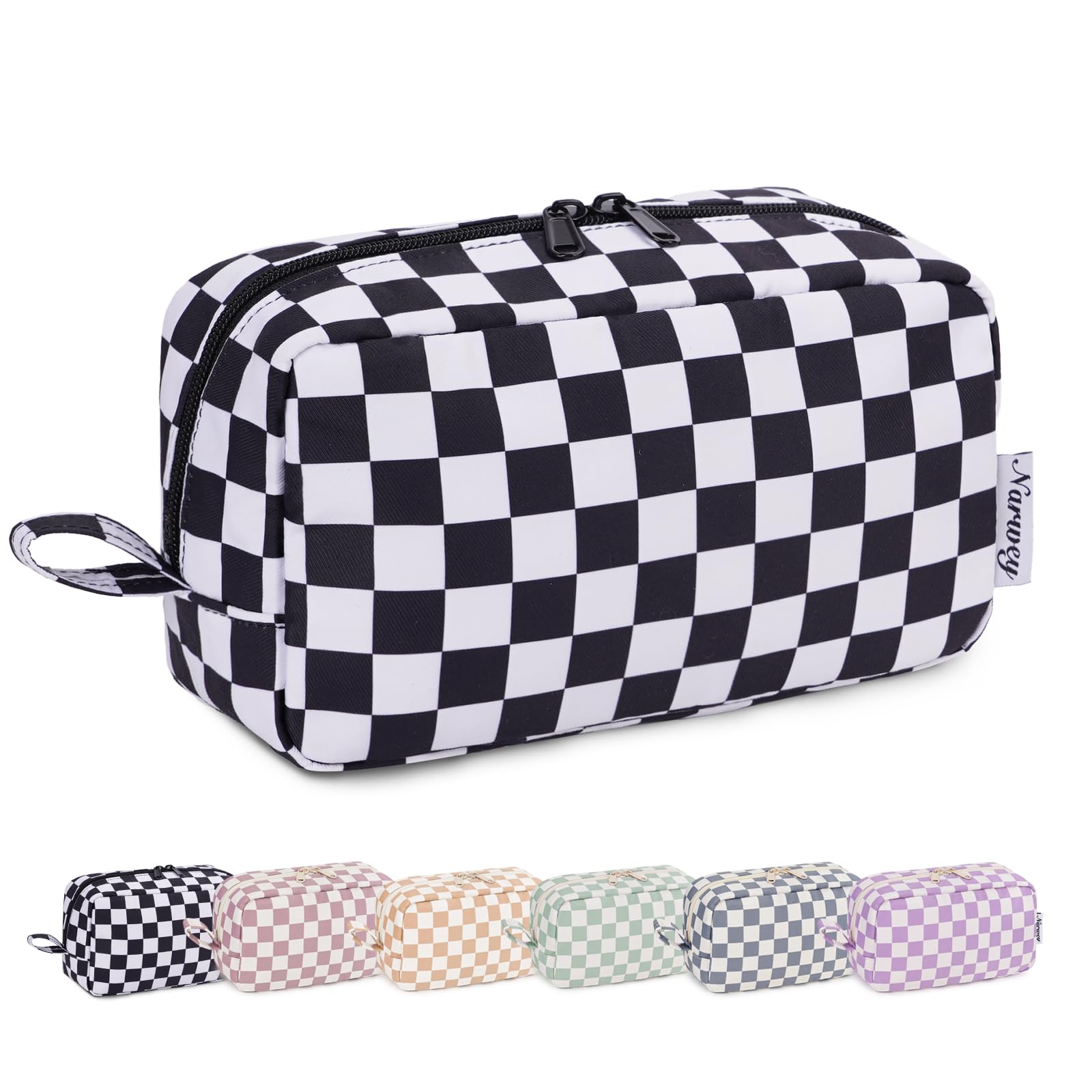 Narwey Checkered Makeup Bag Travel Cosmetic Bag Organizer Small Toiletry Bag Make Up Bags with Organized Pockets for Women (Black Checkerboard, Large)
