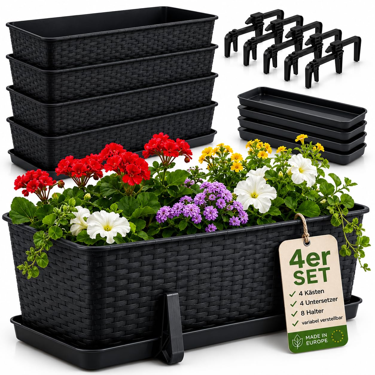 Jardinière de balcon plastique 60cm lot de 4 bacs fleurs extérieurs