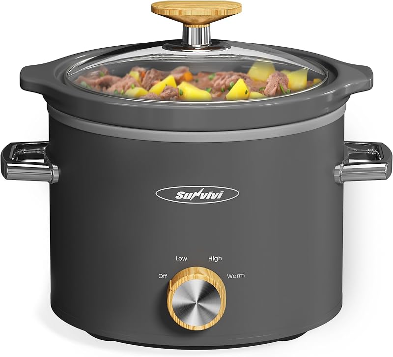 2 Quart Slow Cooker, Small Slow Cooker with Removable Ceramic Pot, Slow Cookers Food Warmer with 3 Heating Settings & Dishwasher Safe Glass Lid, Grey