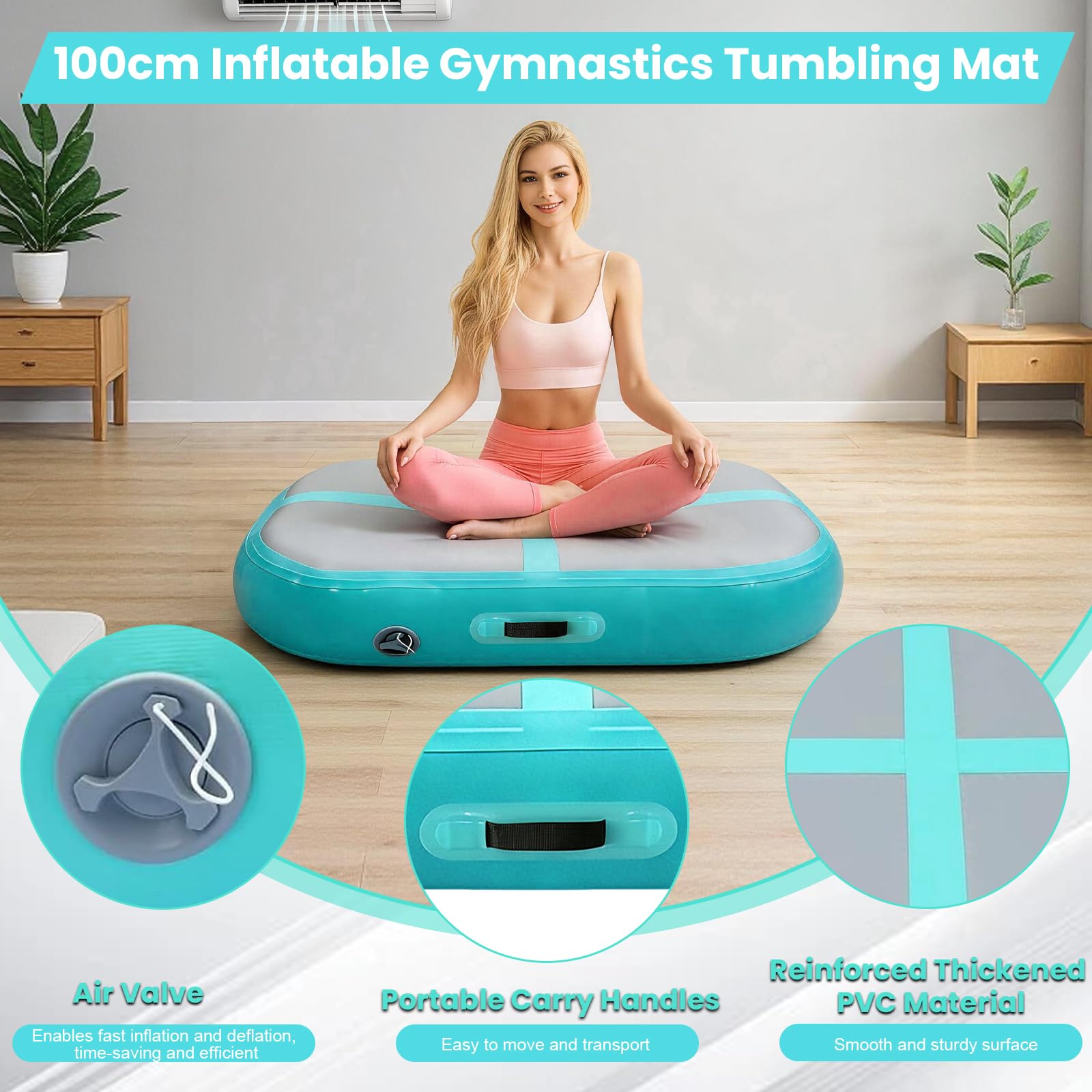 Tappetino da ginnastica gonfiabile Air Track con pompa ad aria, 100 cm, tappetino da ginnastica, tappetino da allenamento, per casa, all'aperto, yoga, ginnastica, allenamento, cheerleading