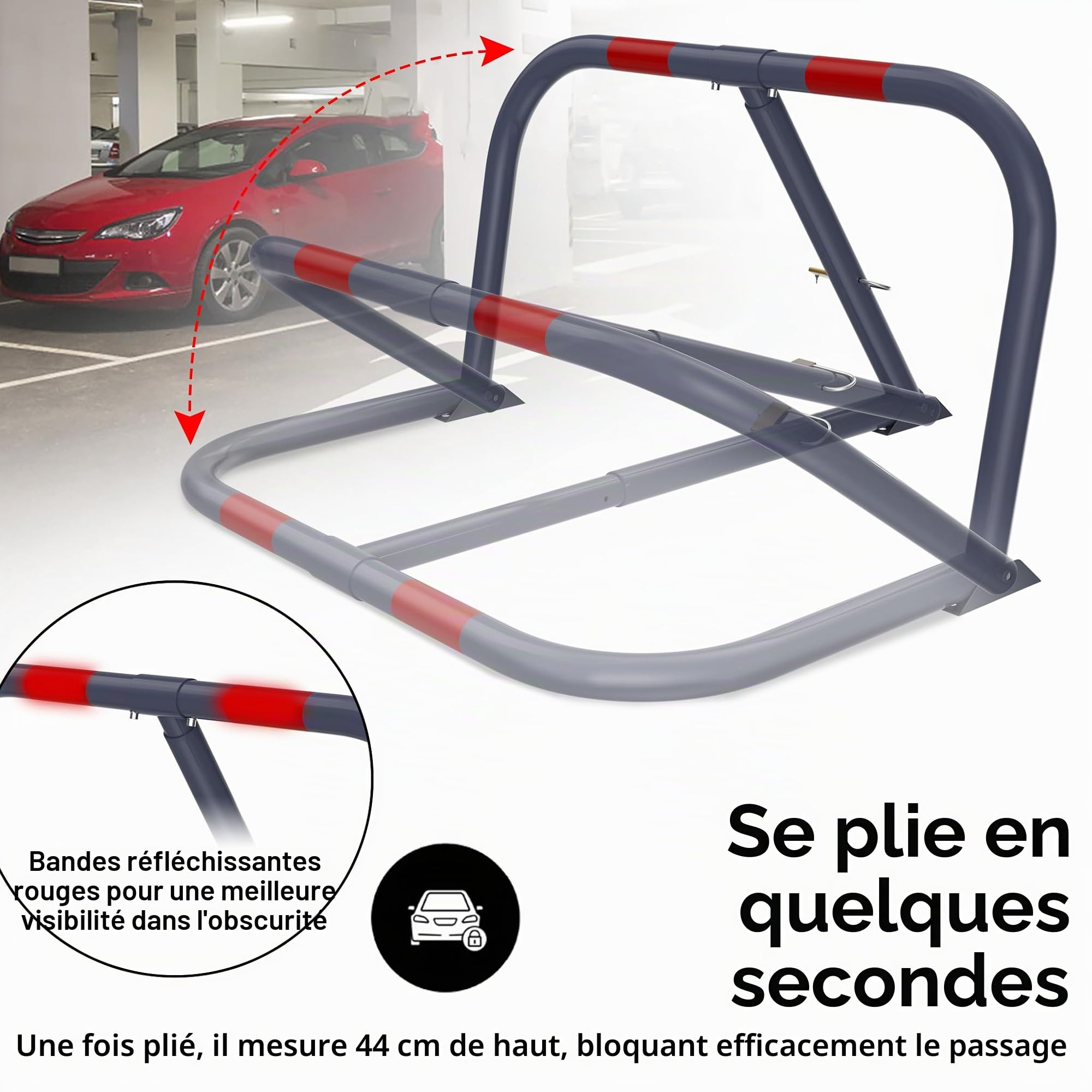 NAIZY Barrières de parking pliables 78 x 44 cm avec serrure et bandes réfléchissantes - En métal - Pour garage et place de stationnement