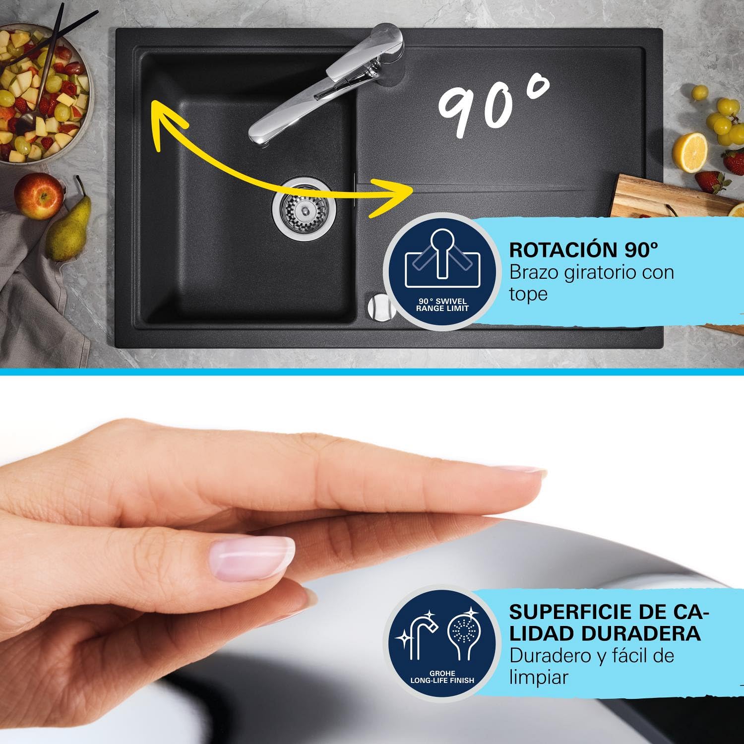 GROHE Start QuickFix, Grifo de cocina (caño bajo extraíble, giro de 90º, menor consumo de agua, sistema de instalación rápida), cromo, 30531001