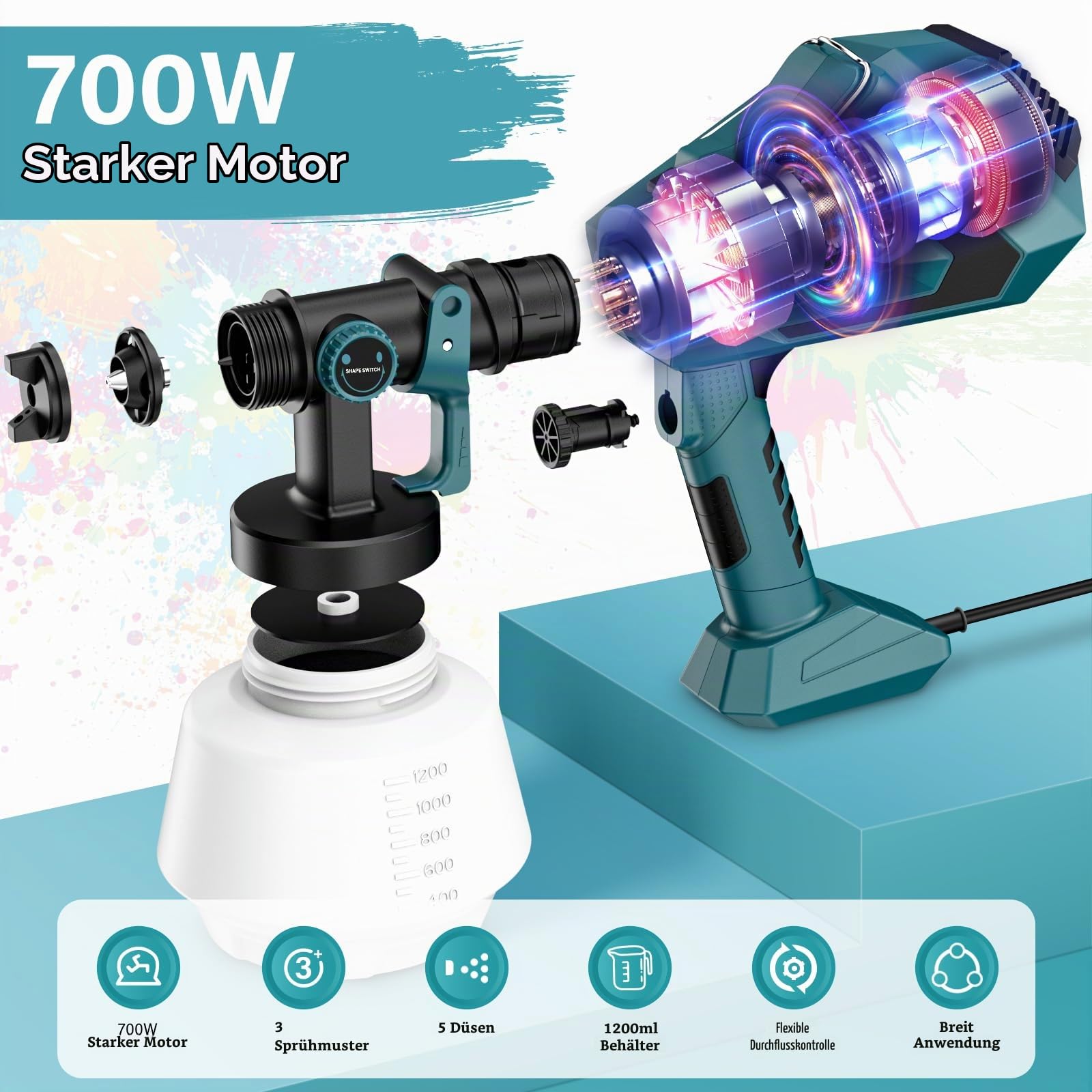 Farbsprühsystem, 700W HVLP Lackierpistole Elektrisch, 1200ml Verstellbarem Farbfluss Farbsprühpistole, Paint Spray Gun Mit 5 Düsen für Zäune, Schränke, Wände, Decken, Möbel