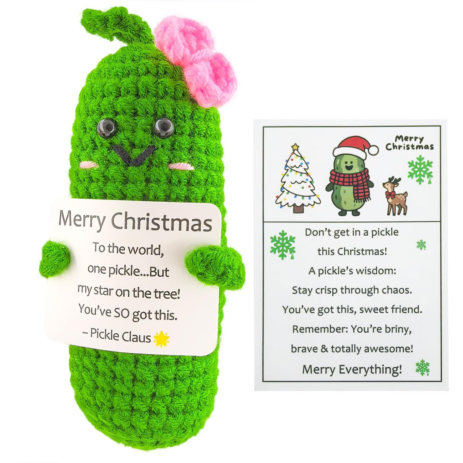 Handmade Crochet Merry Christmas Pickle Gift,Funny Festival Wishes Pickle Ornament with Encouragement Cards,Encouragement Support Vegetables and Fruits Knitted Dolls with Positive Card