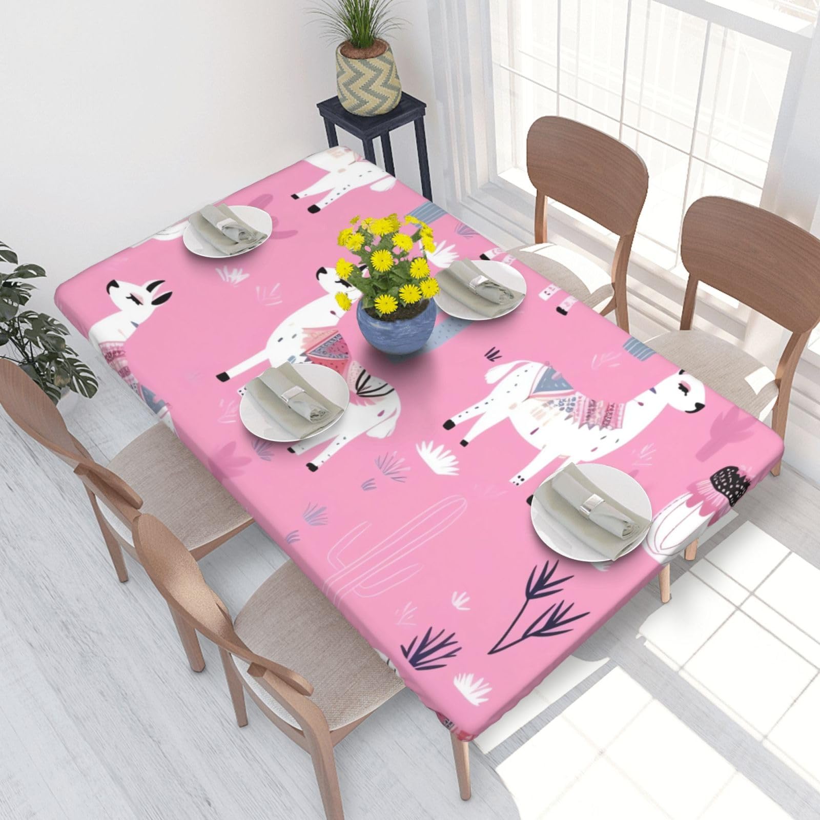 Pink Llama Cactus Waterproof Square Table Cover Elastic Fitted Tablecloth Oil Proof Table Protector For 4ft Table