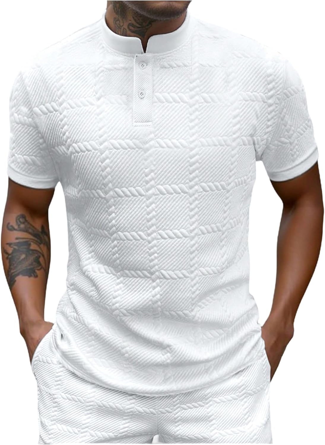 OYOANGLE Men's Short Sleeve Henley Shirts Mock Neck Half Button Textured Vacation Shirt Top - Image 2