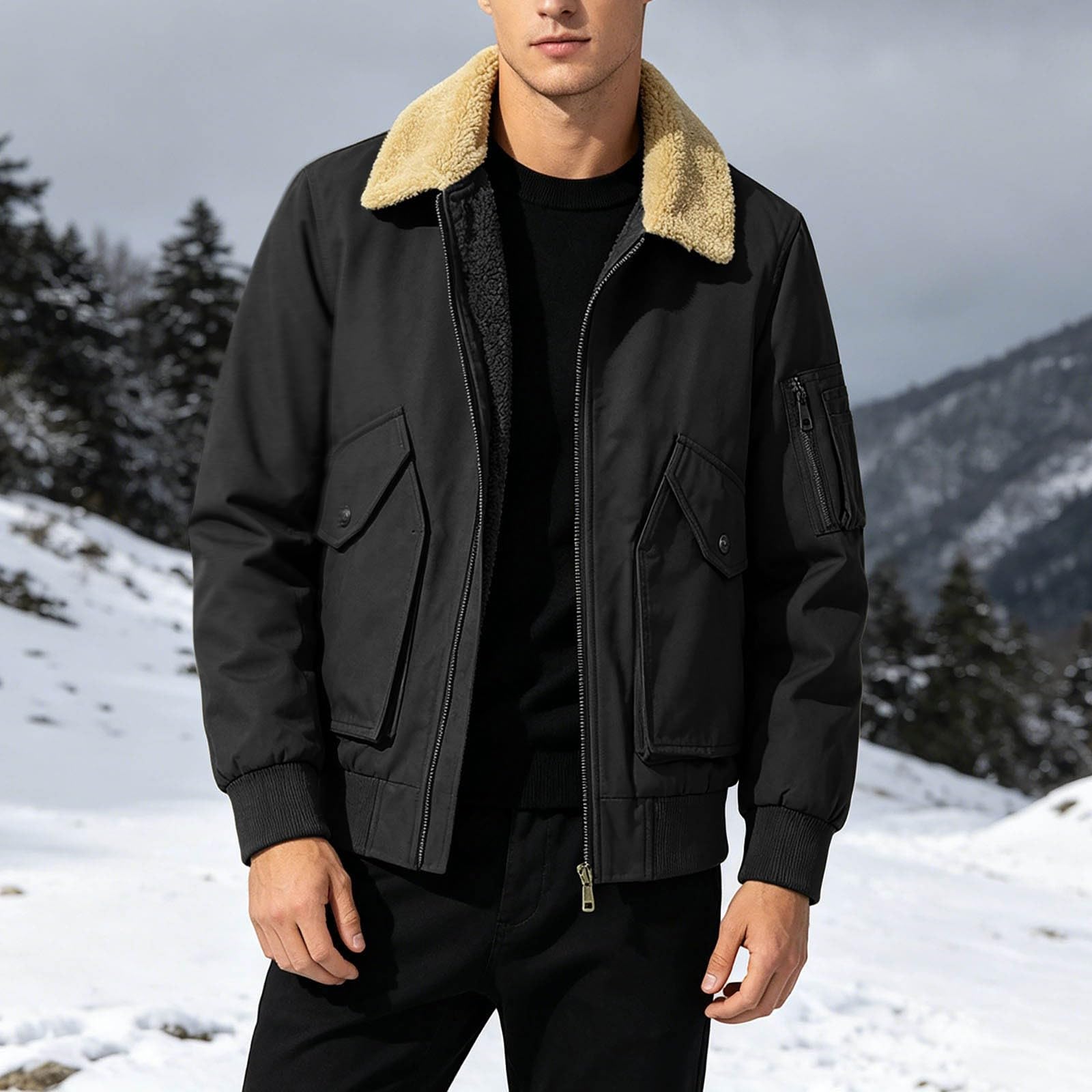 Generico Fleecejacke Herren Reißverschluss ohne Kapuze Vintage Casual Warm Mantel Winterjacke Winddicht mit Taschen Sport Outwear Trekking Jacke Dicke für die Übergangszeit