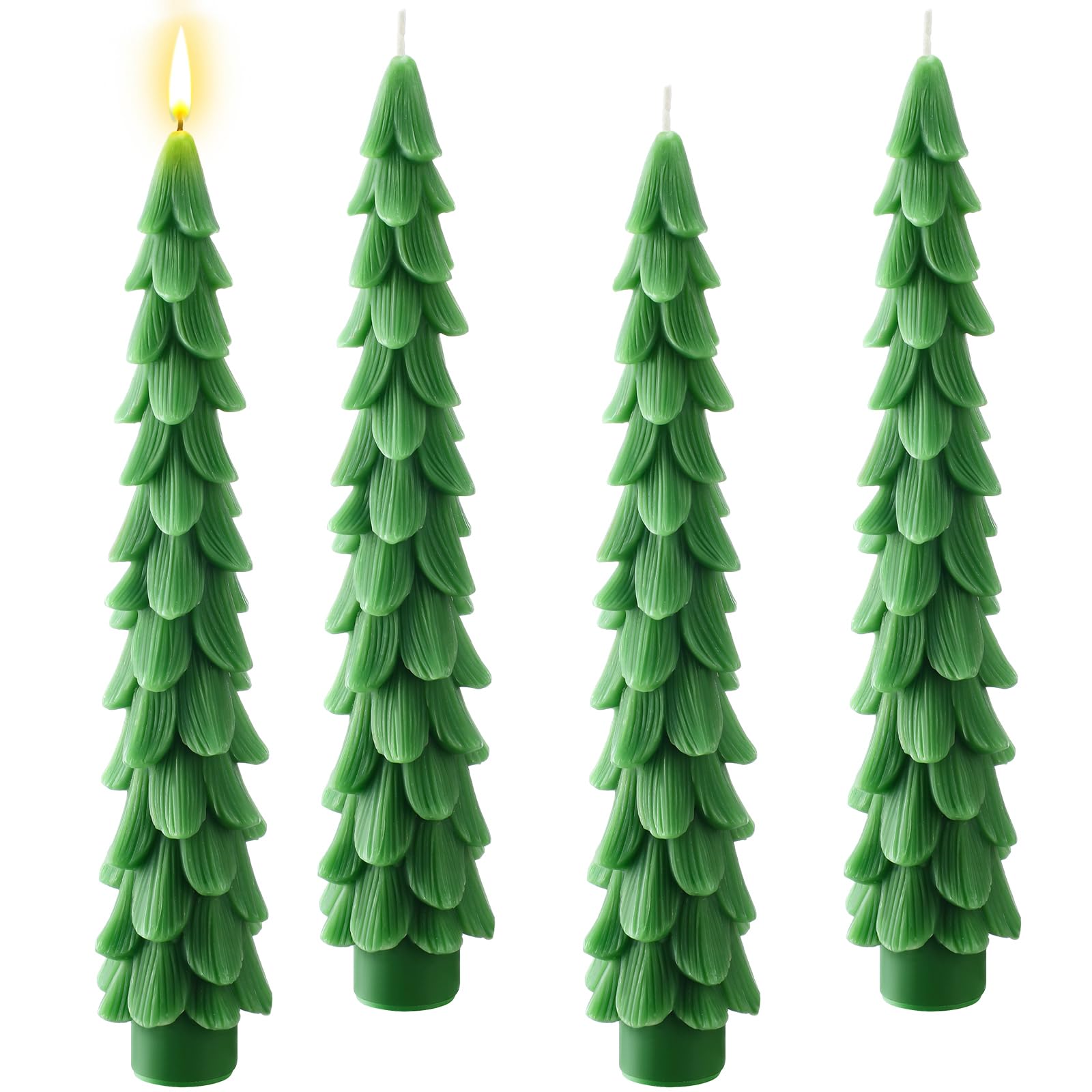 4 Pack Christmas Tree Taper Candles - 5 Inch Unscented Beeswax Candles For Holiday Table Decor (Green With Silver)