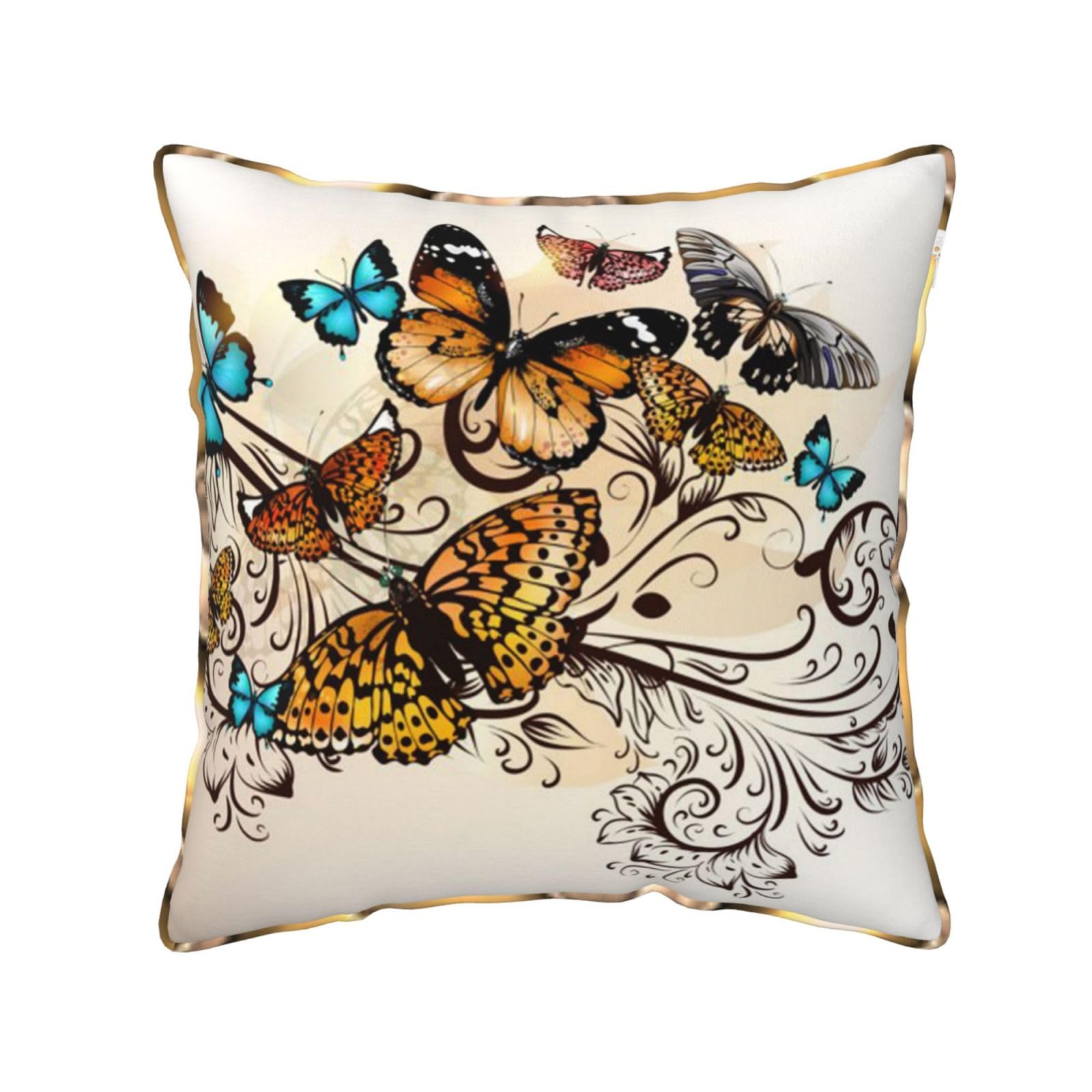 AUBKFELD Butterflies Printed Velvet Cushion Cover 50x50 CM with Gold Edging Strip, Square Pillowcase Soft Throw Pillow Covers Case Decorative for Living Room Sofa Couch Bed Bench