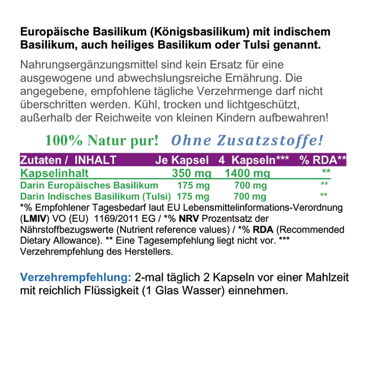 Basilikum Tulsi 360 Pulver Kapseln NATUR PUR NICHT hochdosiert KEIN EXTRAKT OHNE ZUSATZSTOFFE OHNE FÜLLSTOFFE. 26418