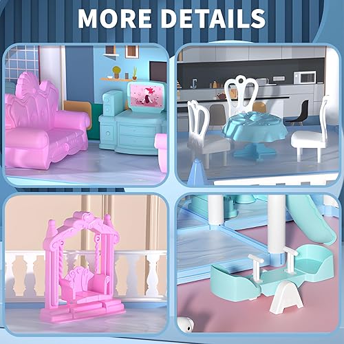 Miniatura 3 de Casas de muñecas para niñas, juguete de casa de muñecas de ensueño, casa de juegos de 4 pisos con 11 habitaciones con 2 muñecas, muebles y