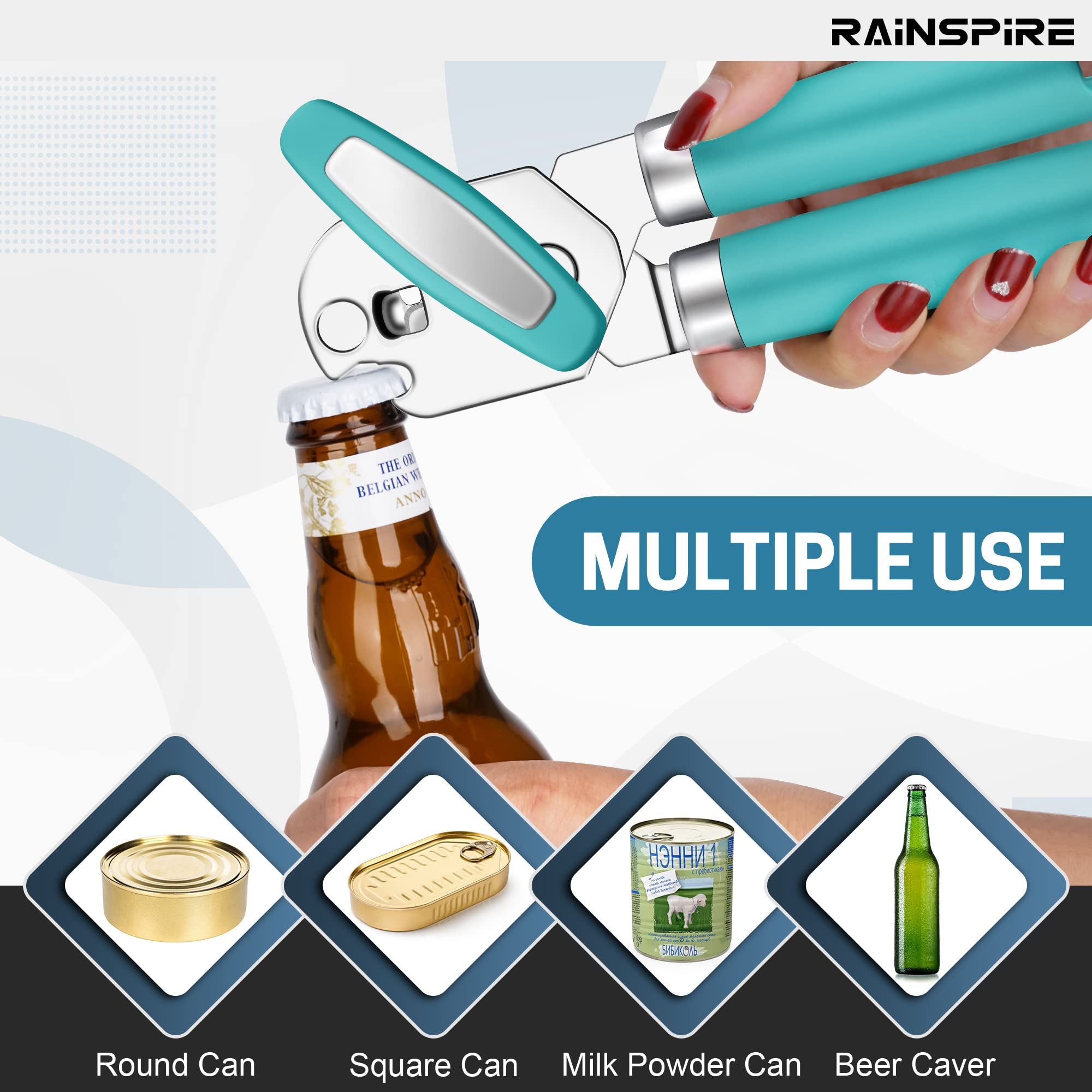 Rainspire Abrelatas manual de mano fuerte abrelatas manual de corte de borde suave, abrelatas resistente, mango suave cómodo, abridor de botellas integrado, turquesa