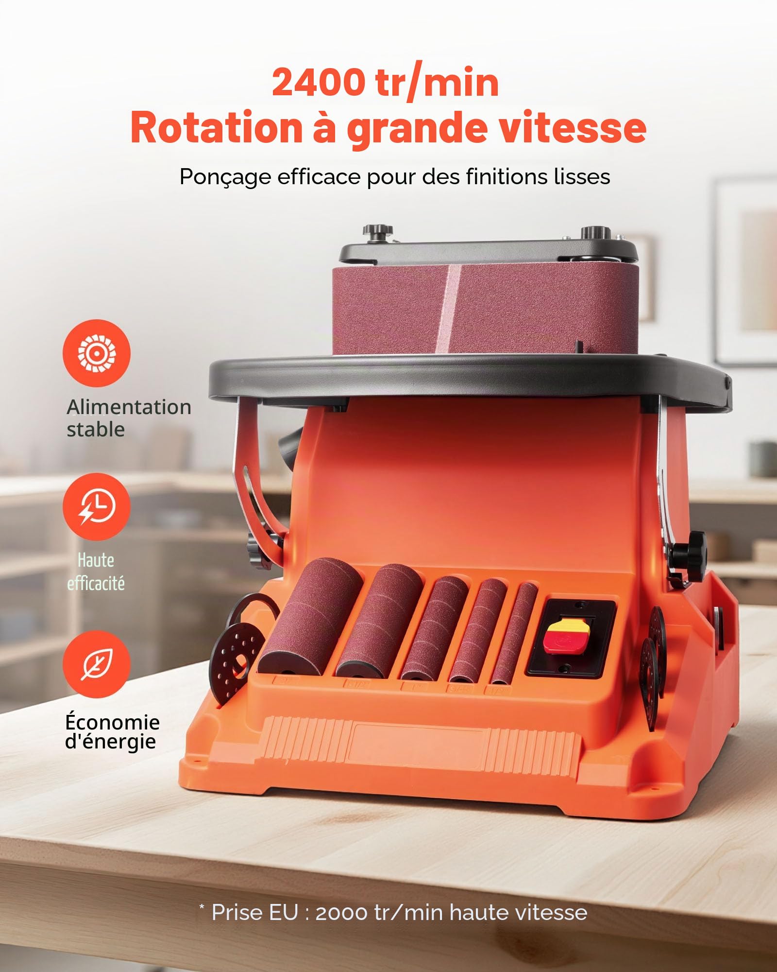 VEVOR Ponceuse à Broche Oscillante d'Établi 2000 tr/min Course 16 mm, 5 Manchons 12,7 mm 19 mm 25,4 mm 38,1 mm 50,8 mm, Bande Abrasive 610 x 98 mm pour Travail du Bois, Ponçage de Meubles, Bricolage