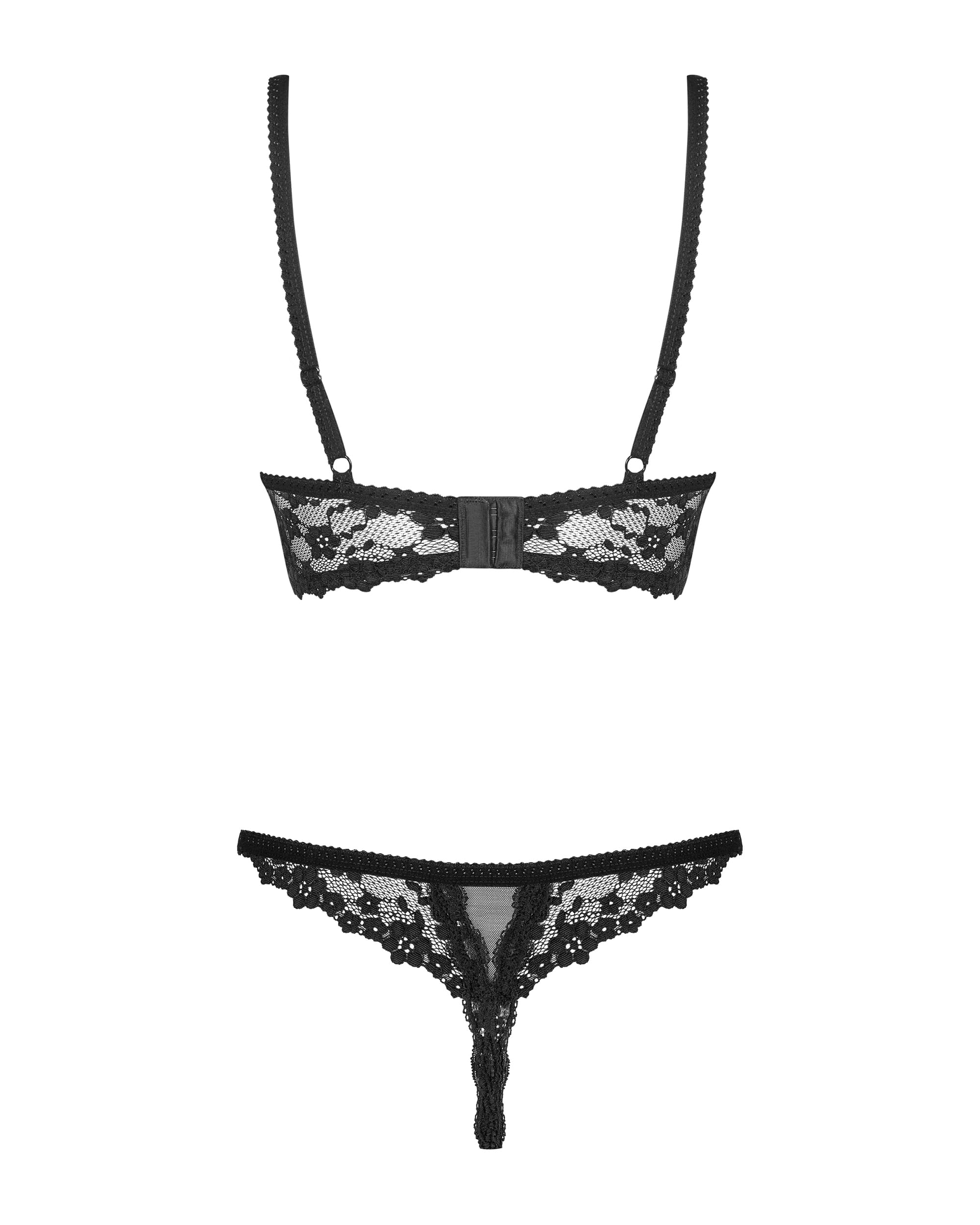 Obsessive. Frauen Dessous Spitzen Reizwäsche Set aus Unterbrust BH mit gepolsterten Cups und ouvert String in Schwarz teiltransparent Schleifen Schwarz teiltransparent