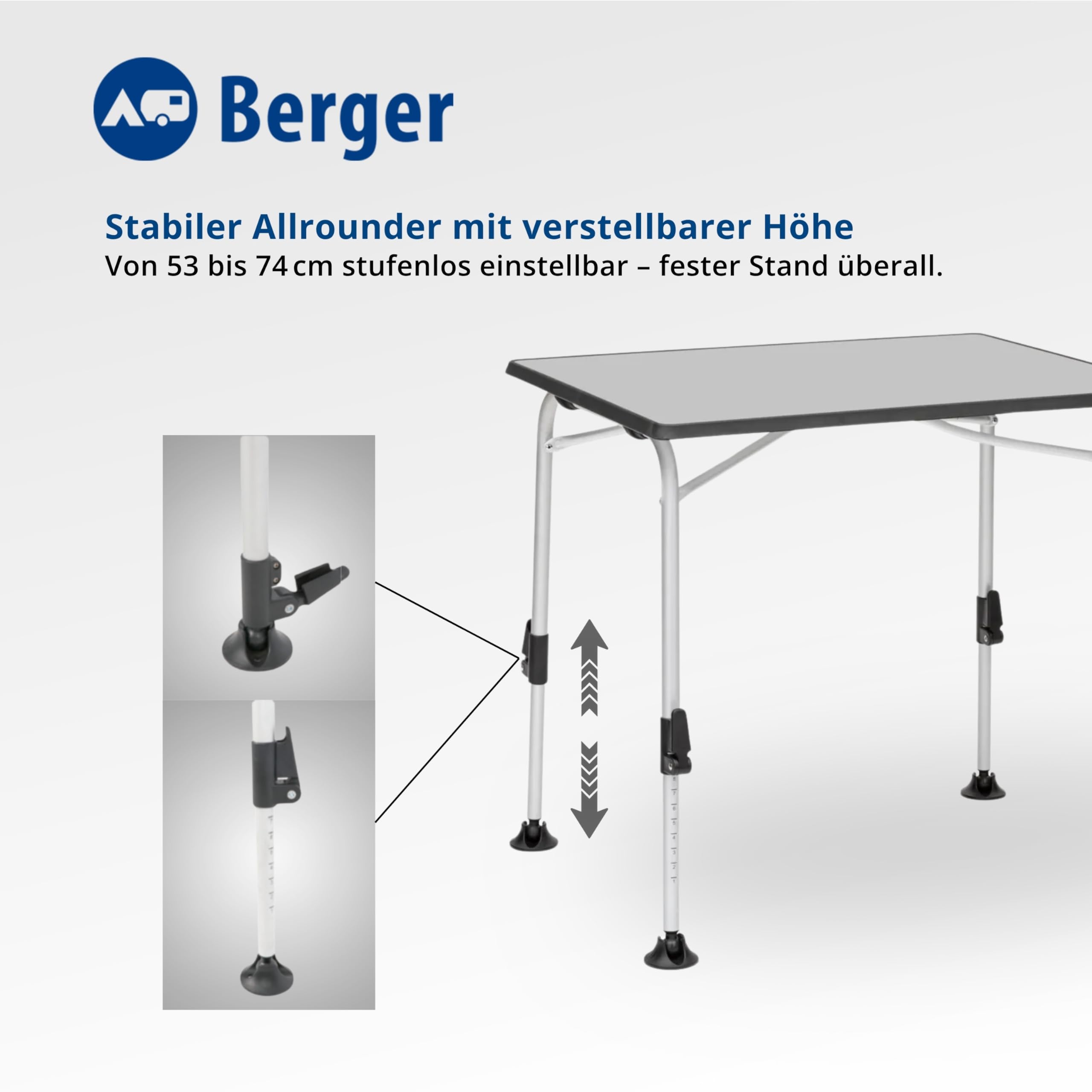 BERGER Ivalo 2 Campingtisch 80 x 60 cm | Klapptisch höhenverstellbar Alu Camping Tisch Gartentisch klappbar | Falttisch Esstisch Balkon Garten Terrasse