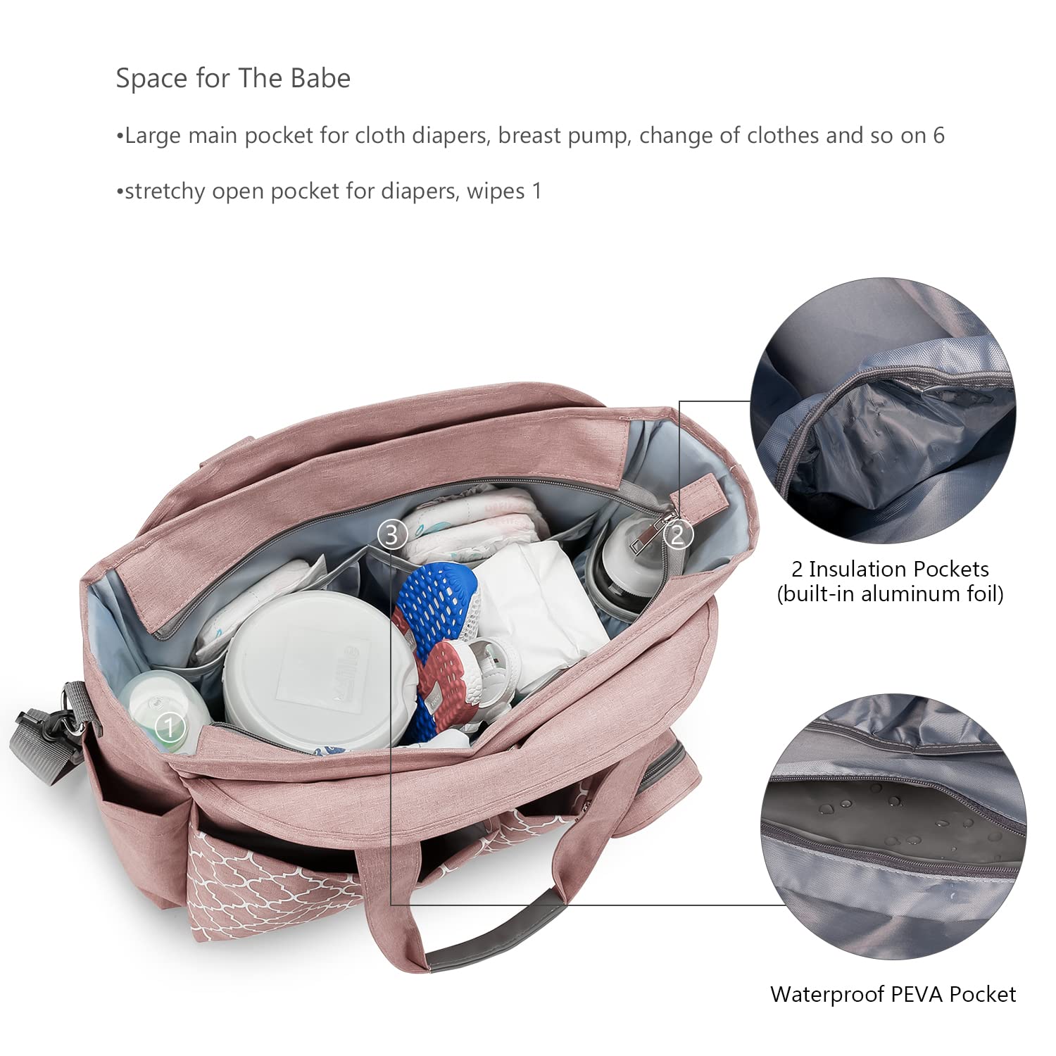 Lmbabter Borsa per pannolini con fasciatoio multifunzione con tracolla regolabile, Rosa, One Size