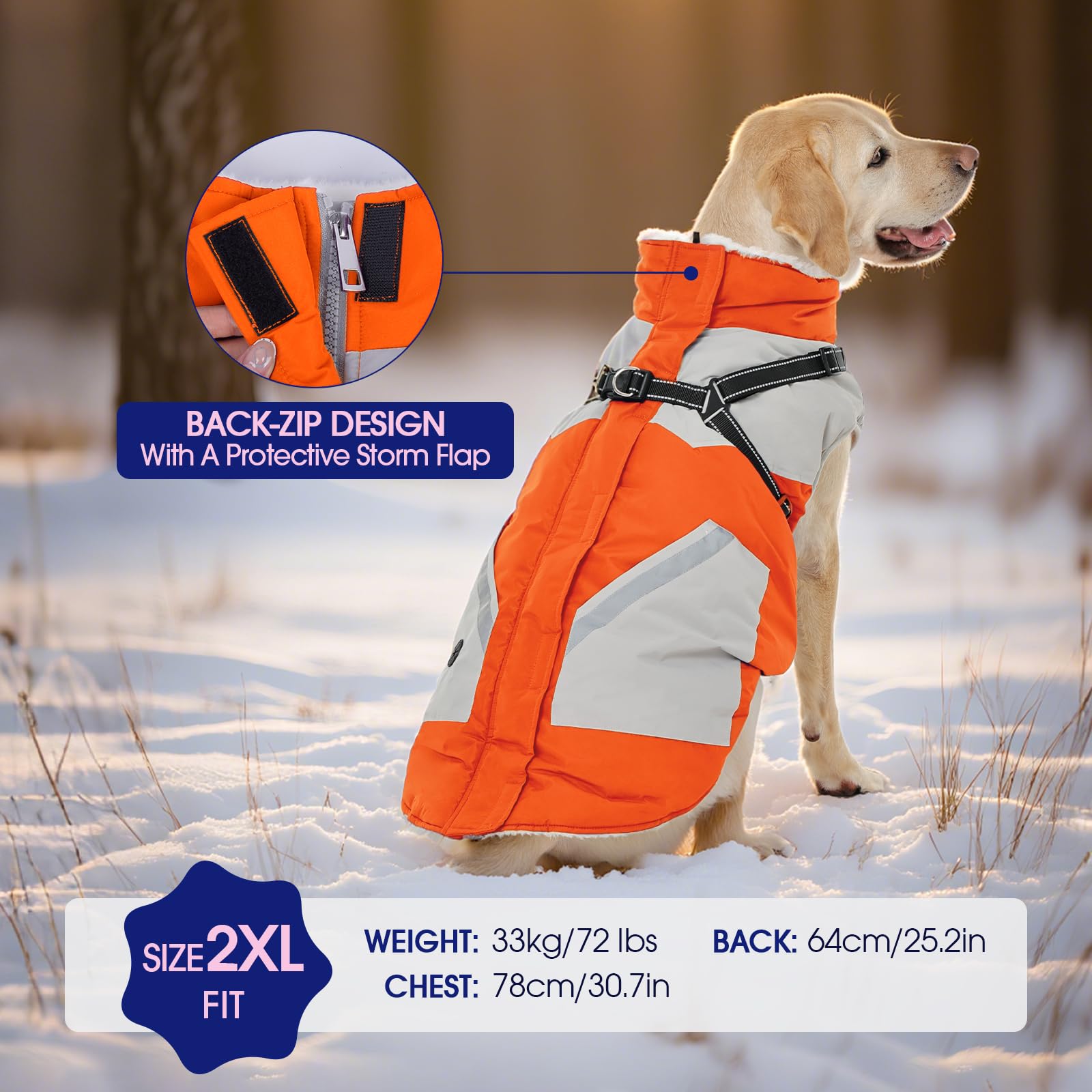 FUAMEY Vestes d'hiver pour chiens de grande taille, manteau pour chien avec harnais intégré, habit de neige imperméable pour animaux de compagnie, veste chaude à fermeture éclair, manteau de sécurité