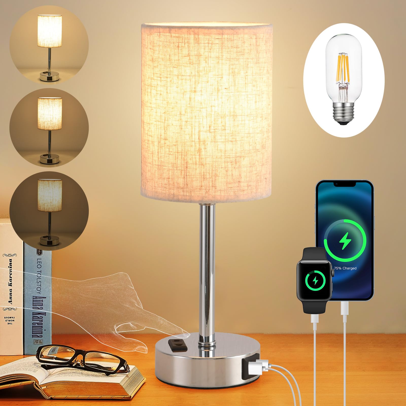 LSWZZ LED Nachttischlampe Touch Dimmbar, Modern Tischlampe mit USB A+C-Ladeanschluss, Leinen Lampenschirm, Metall Basis, kleine Lampe, für Schlafzimmer, Büro, Wohnzimmer, (Beige