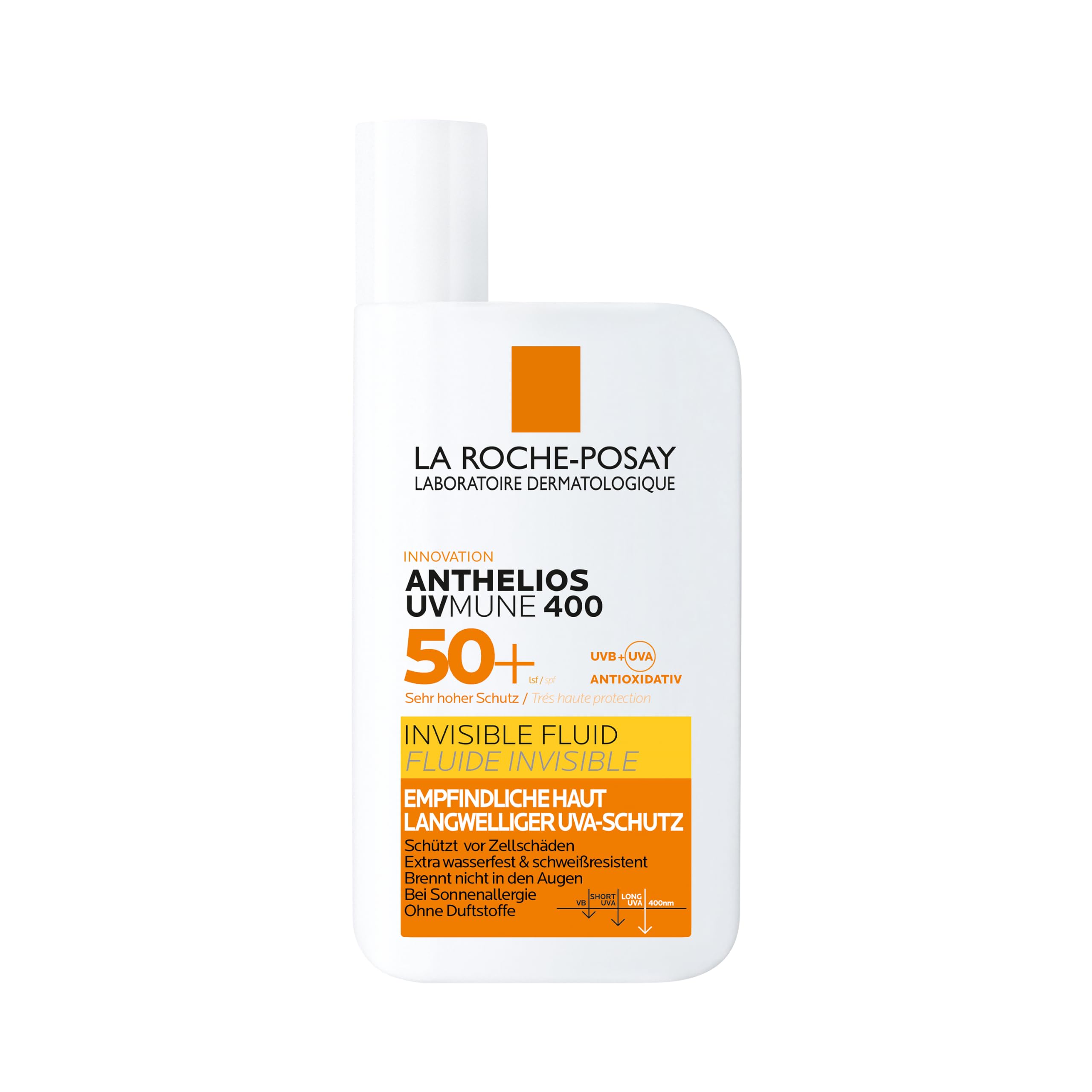 La Roche Posay Sonnenfluid für das Gesicht für zu Sonnenallergie neigende und empfindliche Haut, Mit innovativem UV-Filter Mexoryl 400 LSF 50+, Anthelios Invisible Fluid UVMune 400, 50 ml
