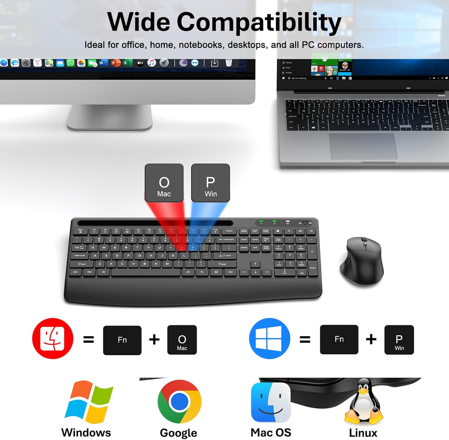Wireless Keyboard and Mouse Combo, 2.4G Full Size Silent Ergonomic Keyboard with Wrist Rest, Phone Holder, 3 DPI Adjustable Ergonomic Quiet Mouse for Windows, Mac OS Desktop/Laptop/PC(Black)