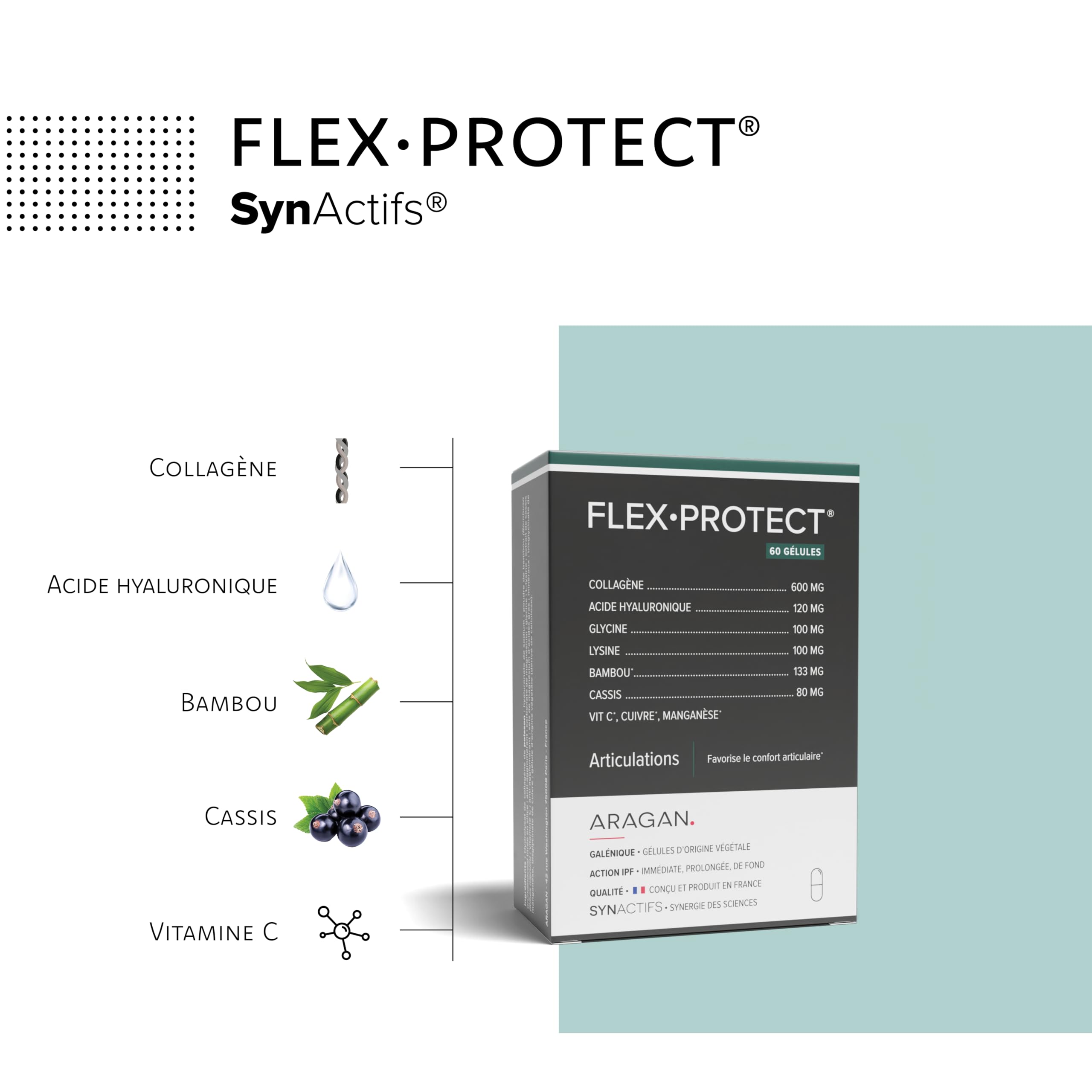 ARAGAN - Synactifs Lot de 2 FlexProtect - Complément Alimentaire Articulations - Collagène, Acide hyaluronique, Bambou, Cuivre - 120 gélules - 1 à 2 mois de prise - Fabriqué en France