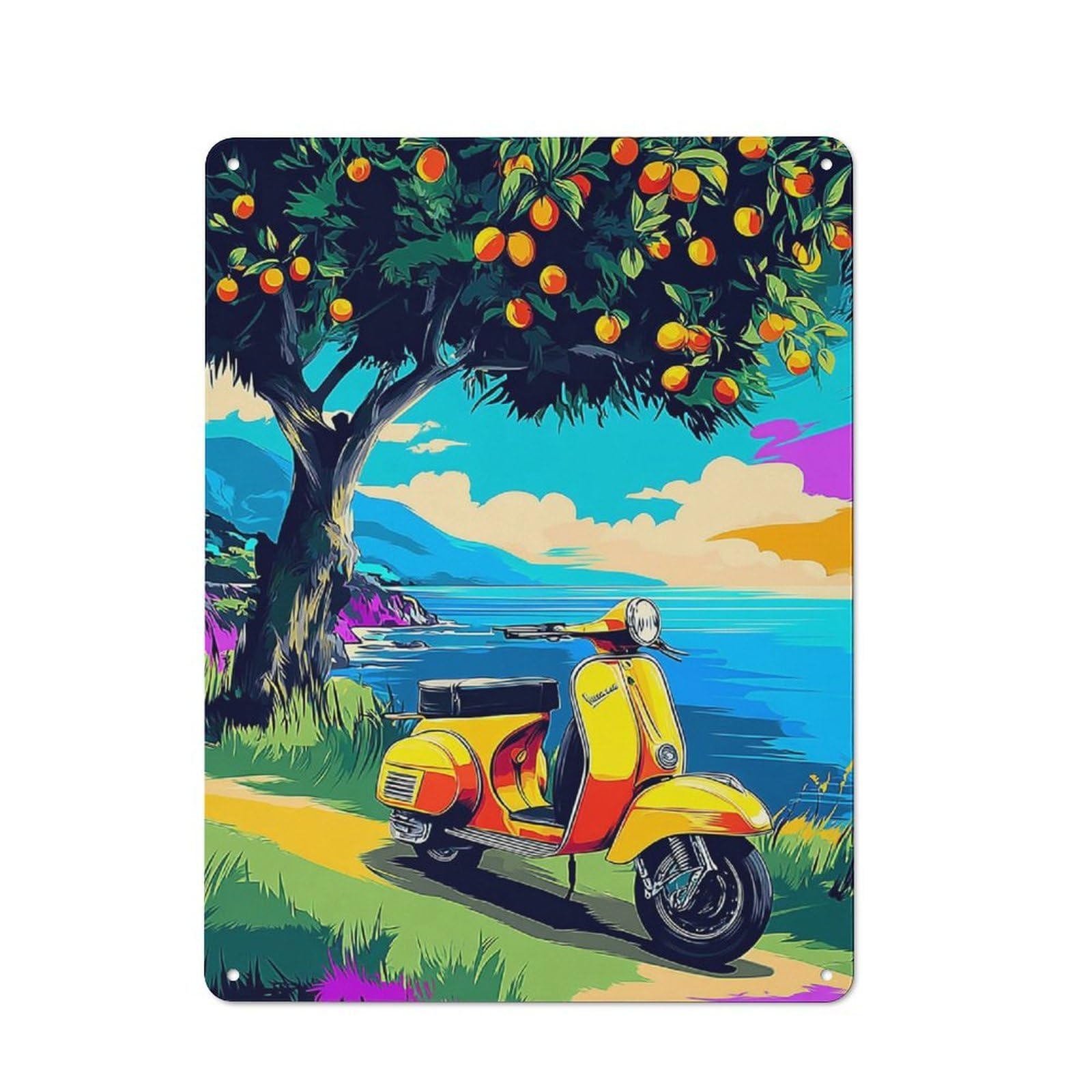 Retro Metal Sign with Vibrant Scooter by The Sea -5 Design 40x30cm, Distressed Look Retro Room Decor for Living Room, Hallway, Kitchen Or Cafe