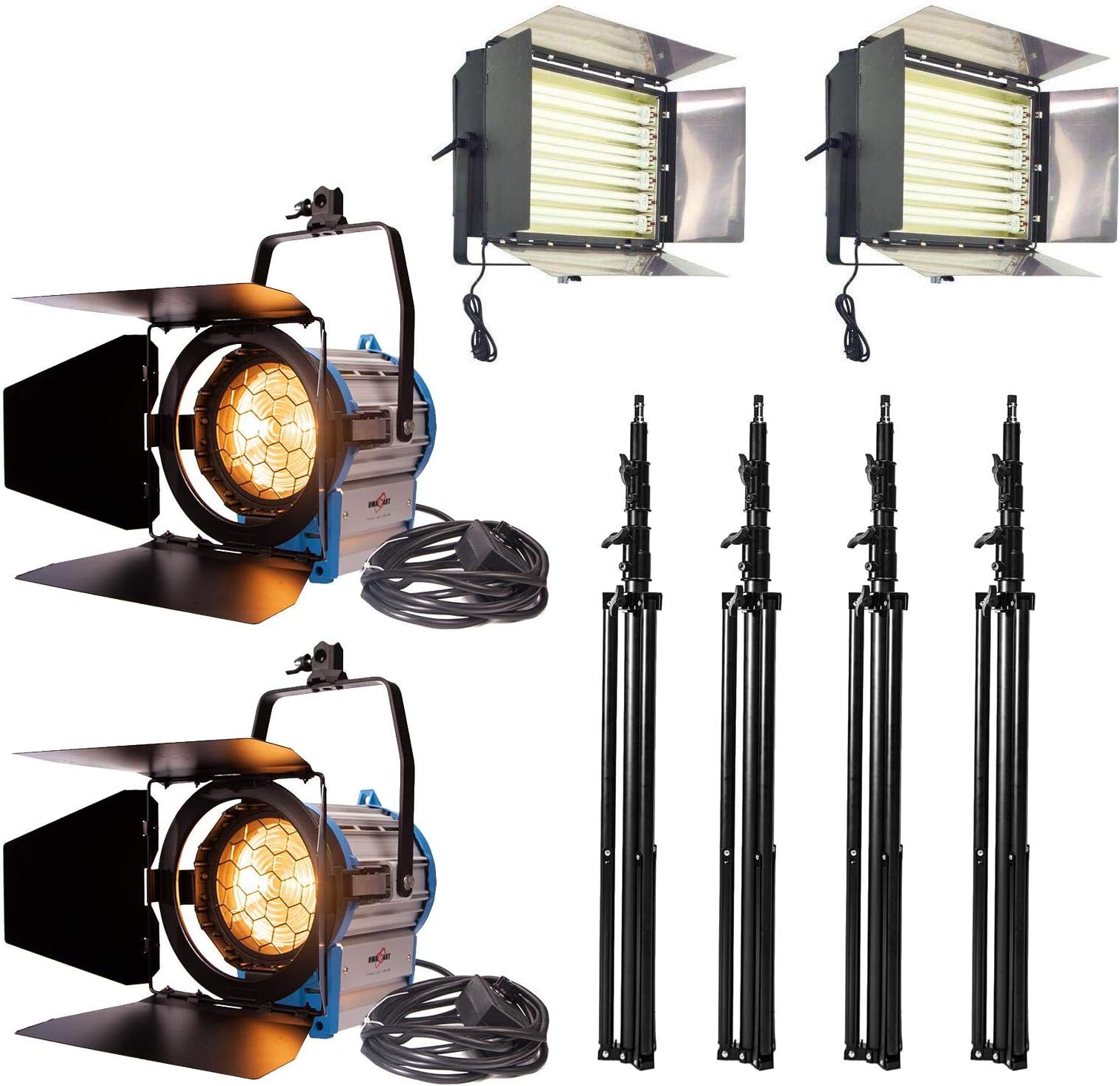 Photography Continuous Lighting Kit: (2) 330W 6-Bank Fluorescent Light Panel, (2) 1000W Fresnel Spotlight, (4) 300cm Heavy Duty Light Stand, Dimmable Video Lighting for Product Portrait Youtube Video
