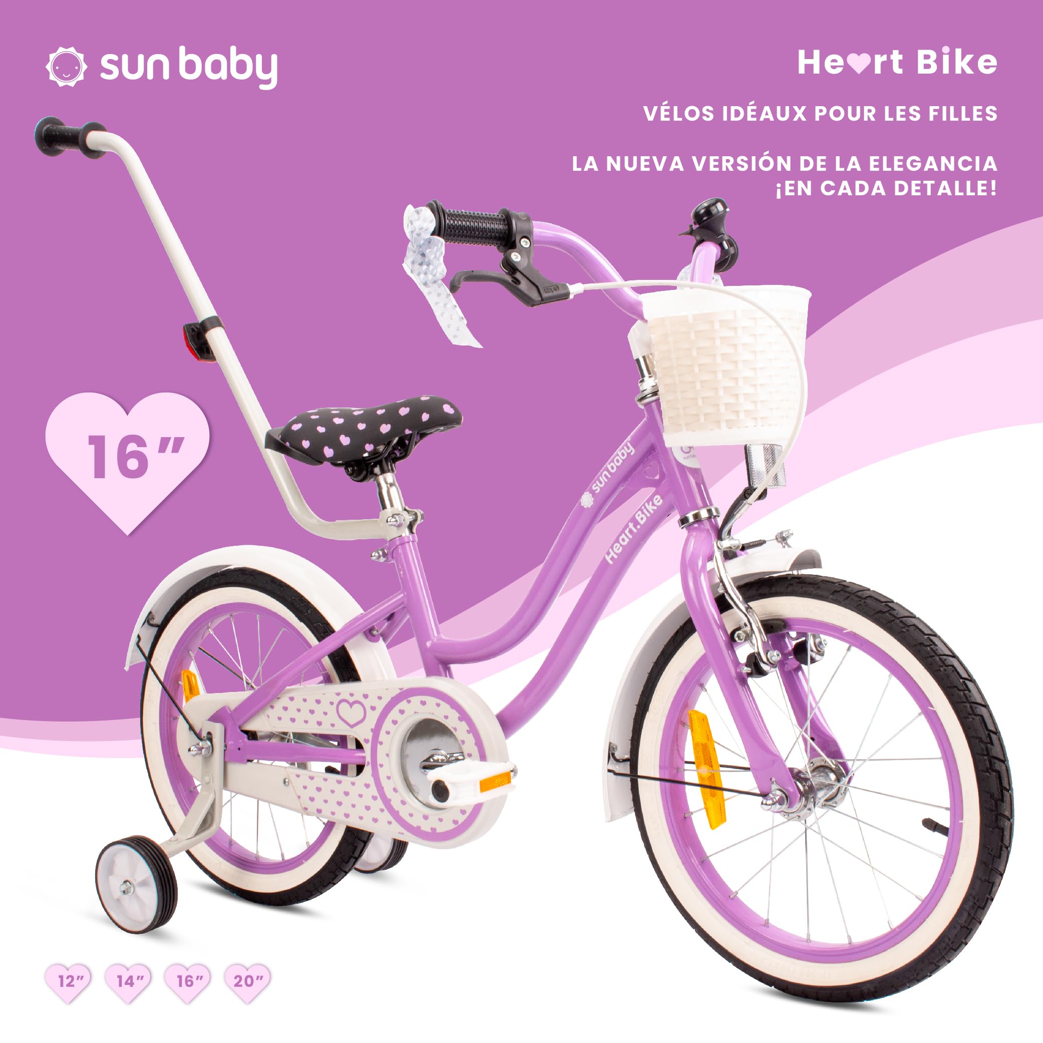 Vélo Enfant Fille 12/14/16 Pouces Sun Baby Heart avec Roulettes Stabilisatrices et Barre de Poussée