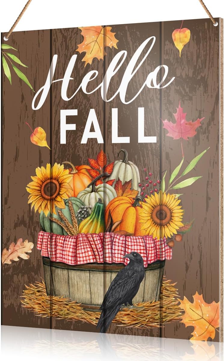 Hello Fall Decorations Hanging Sign, Autumn Fall Decor Rustic Sunflower Pumpkin Crow Wooden Wall Sign Thanksgiving Decorations