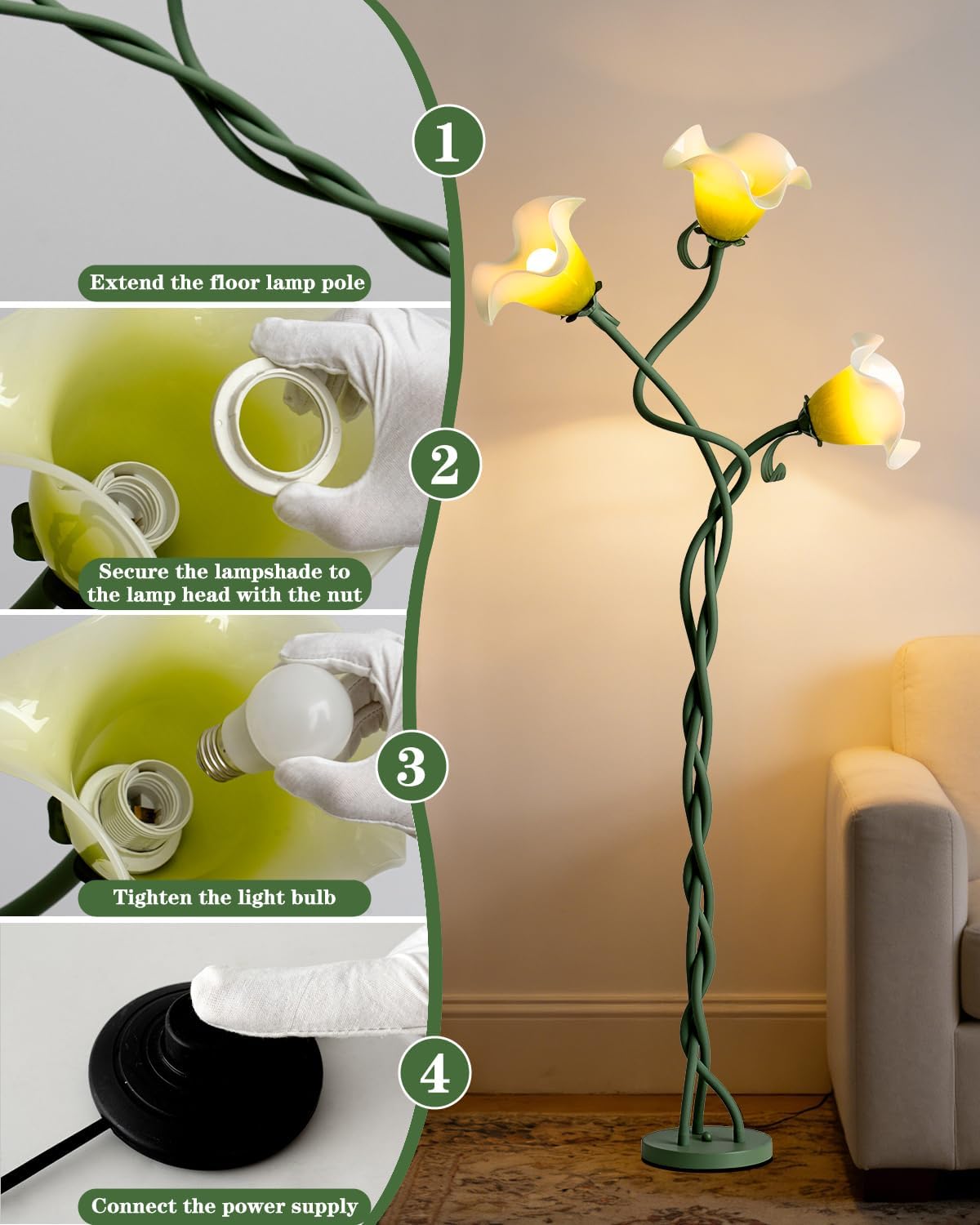 Flower Floor Lamp for Living Room,Tall Standing Reading Lamp with Flexible Neck,3 Color Temperatures LED Dimmable Decorative Light,Green Calla Floor Lamp for Bedroom Corner (Green)