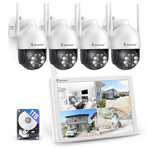 Jennov 5MP PTZ Kit Caméra Surveillance WiFi Extérieure avec 10" Moniteur, 10CH 5MP NVR 1TB HDD, 4X5MP HD IP Caméra, Vision Nocturne Couleur, Détection Humaine, Audio Bidirectionnel, Suivi Automatique