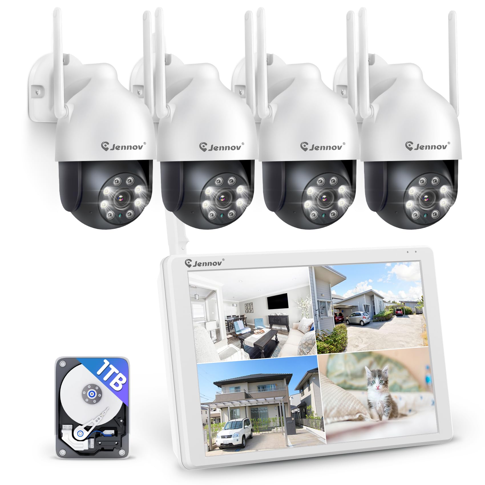 Jennov 5MP PTZ Wireless CCTV Camera System With 10" Monitor, 10CH 5MP NVR, 4 X PTZ Security Cameras With Color Night Vision, 24/7 Recording, Auto Tacking, Human Detection, Two Way Audio, 1TB HDD