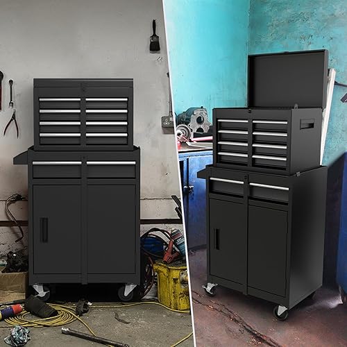 Miniatura 9 de S AFSTAR Cofre de herramientas con ruedas con 5 cajones, armario de almacenamiento de herramientas con ruedas con cerradura, estante ajustable y