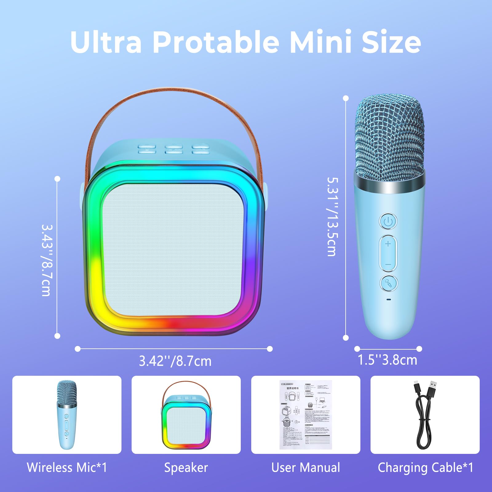 Mini Karaoke Machine for Kids Adults, UZSOMX Portable Bluetooth Speakers and 2 Wireless Microphones Song Toys with LED Light, Chritmas Birthday Toys Gifts for Girls Boys Toddler Teens (Blue 1 Mic) 1