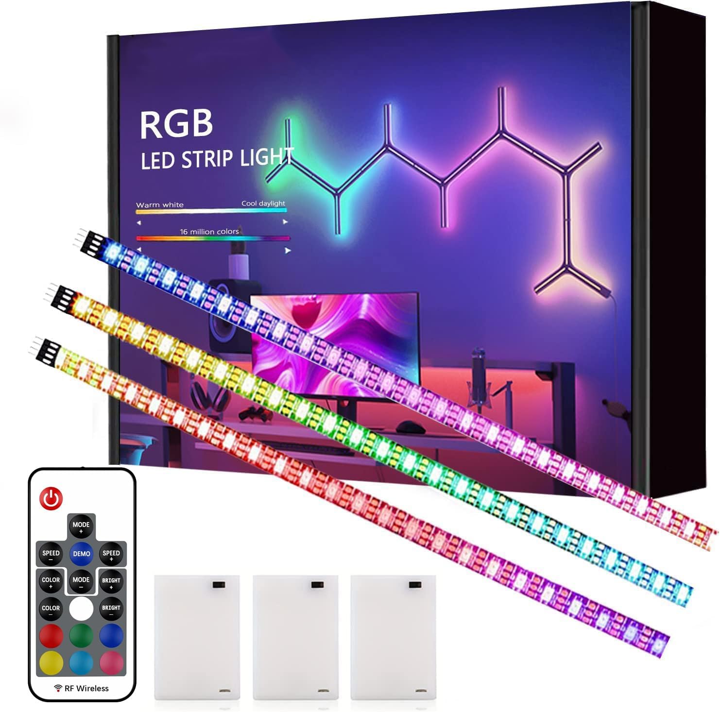 Battery Powered LED Strip Lights, Wireless RGB LED Strip Lights with 24 Keys Remote Control, 20 inch x 3 Pack for Kitchen Under Cabinet Lighting, Shelves, Under Counter, Closet, Cordless Click Light