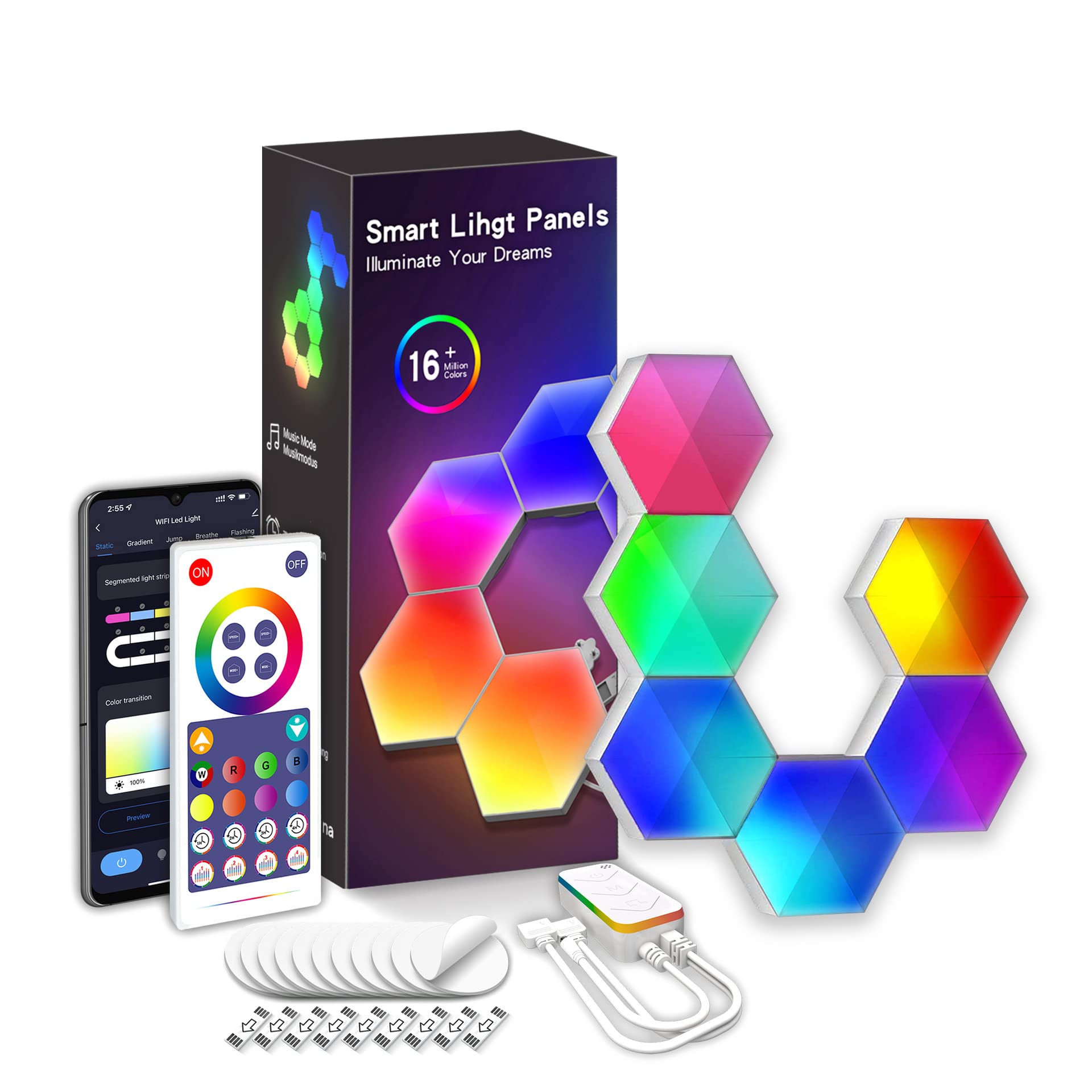 Shenzhi Tech Hexagon Lights, LED RGBIC Light Panels with Remote Control Music Sync DIY Geometry Splicing Hexa Wall Lights Night Light for Bedroom Living Room Game Room Hallway Party Decor (6 Pack)