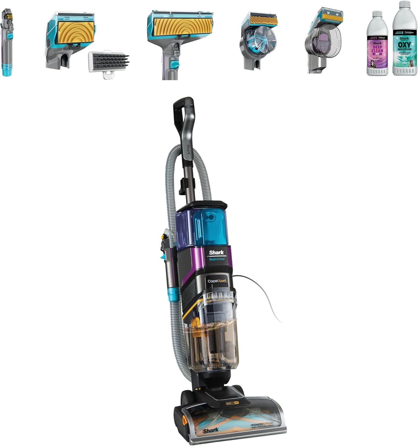 Shark CarpetXpert HairPro Pet Carpet Cleaner, Anti-Tangle & Clog, Built-In StainStriker Spot Cleaner, Removes Tough Stains & Odours, Carpets & Upholstery, 5 Tools, 2 Cleaning Formulas, 1000W, EX300UK