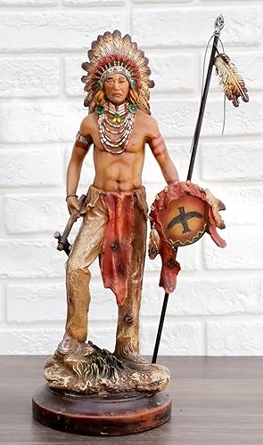 Miniatura 7 de Ebros Gift Camino de guerra listo para batalla, guerrero indio nativo americano, jefe tribal con tocado de batalla sosteniendo hacha de lanza