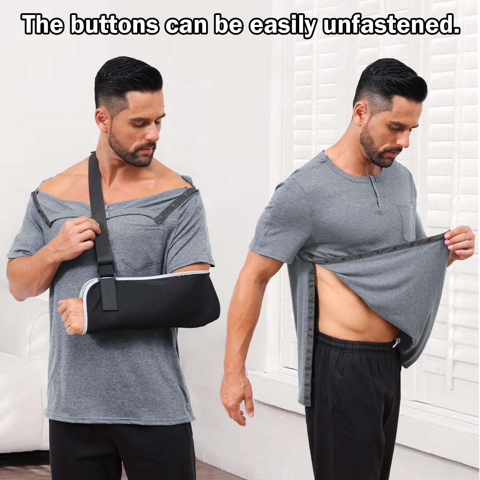 KGGEOO Men’s Post Shoulder Surgery Recovery Shirt Tear Away Short Sleeve Rotator Cuff Full Side Snap Adaptive Chemo Clothing